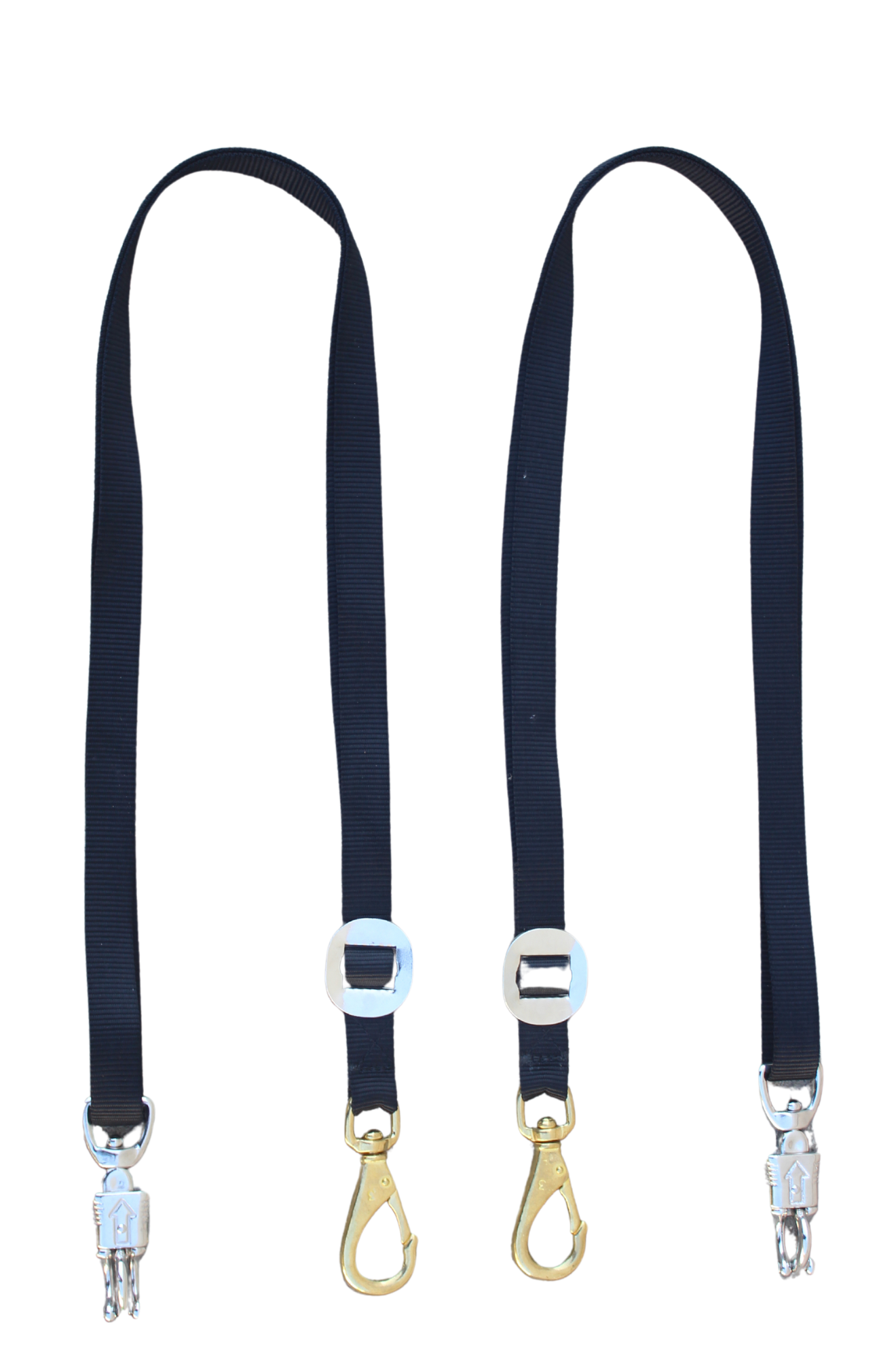 A pair of navy blue nylon cross ties with metal clasps and buckles.
