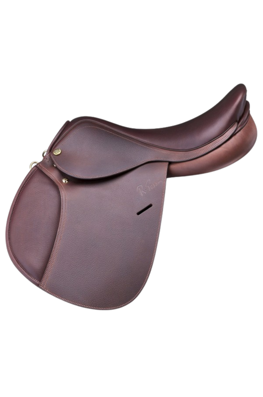 A brown Pessoa pony saddle with a flat knee pad and minimal rigging.