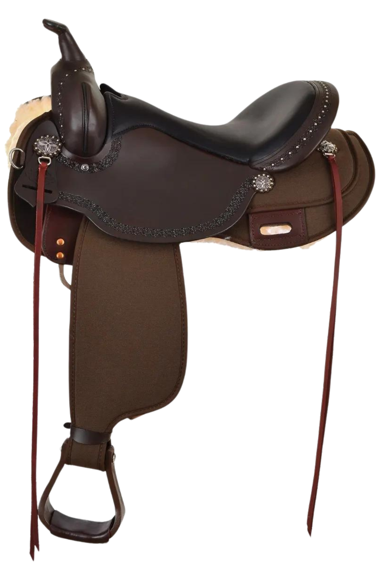 A brown Circle Y Willow Springs Cordura Trail saddle with silver conchos and a butterfly skirt shape, including stirrups and nylon tie straps.