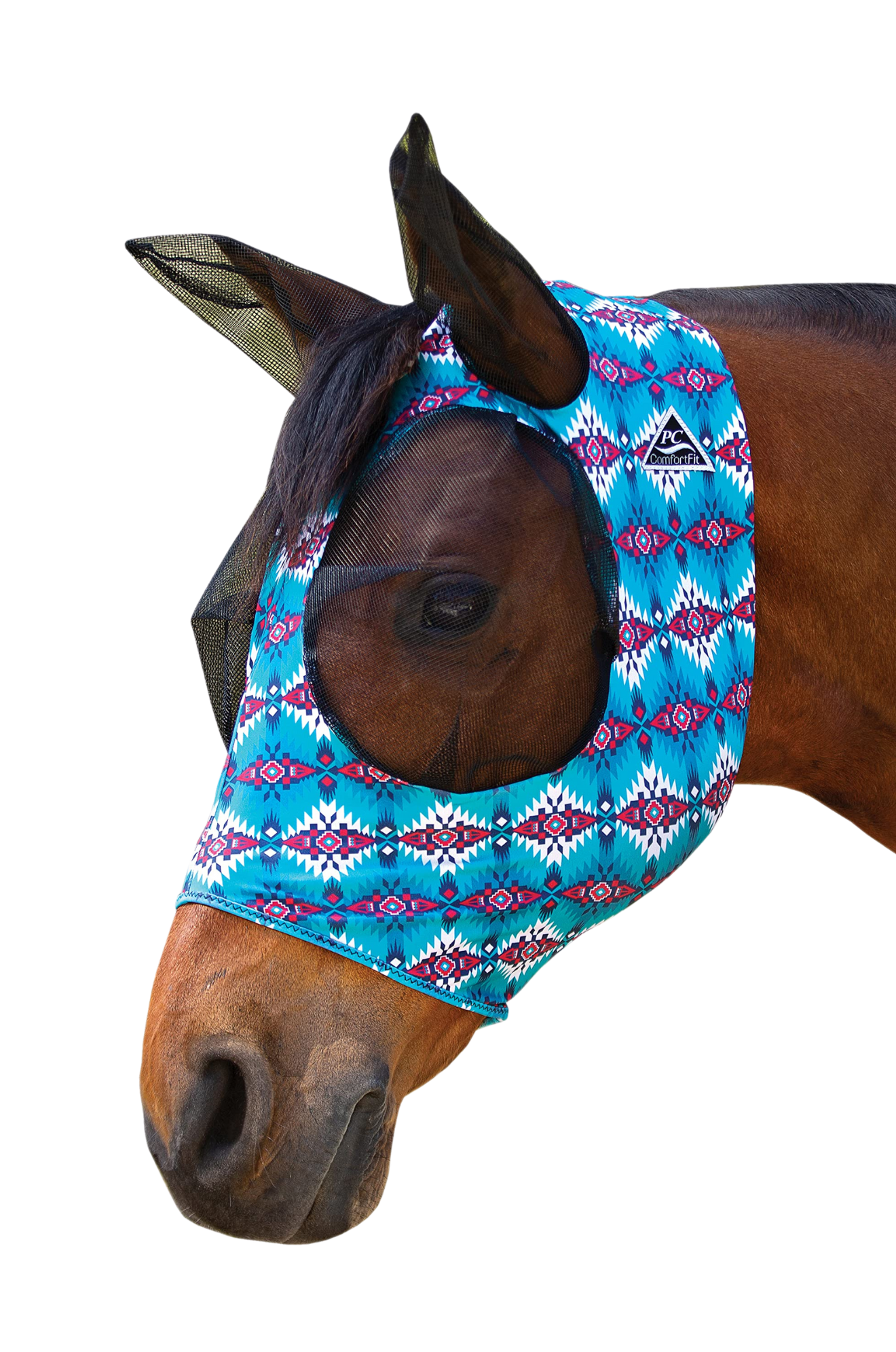 A gray horse wearing a fly mask with a comfort-fit design, featuring smooth lycra fabric, mesh around the eyes and ears, and a forelock opening.