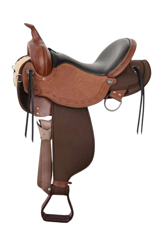 A brown High Horse Iron Weed Cordura Western Trail Saddle with a wide tree. It features a roughout seat jockey, double padding in the seat, short round skirts, and Cordura material on the skirt and fenders.
