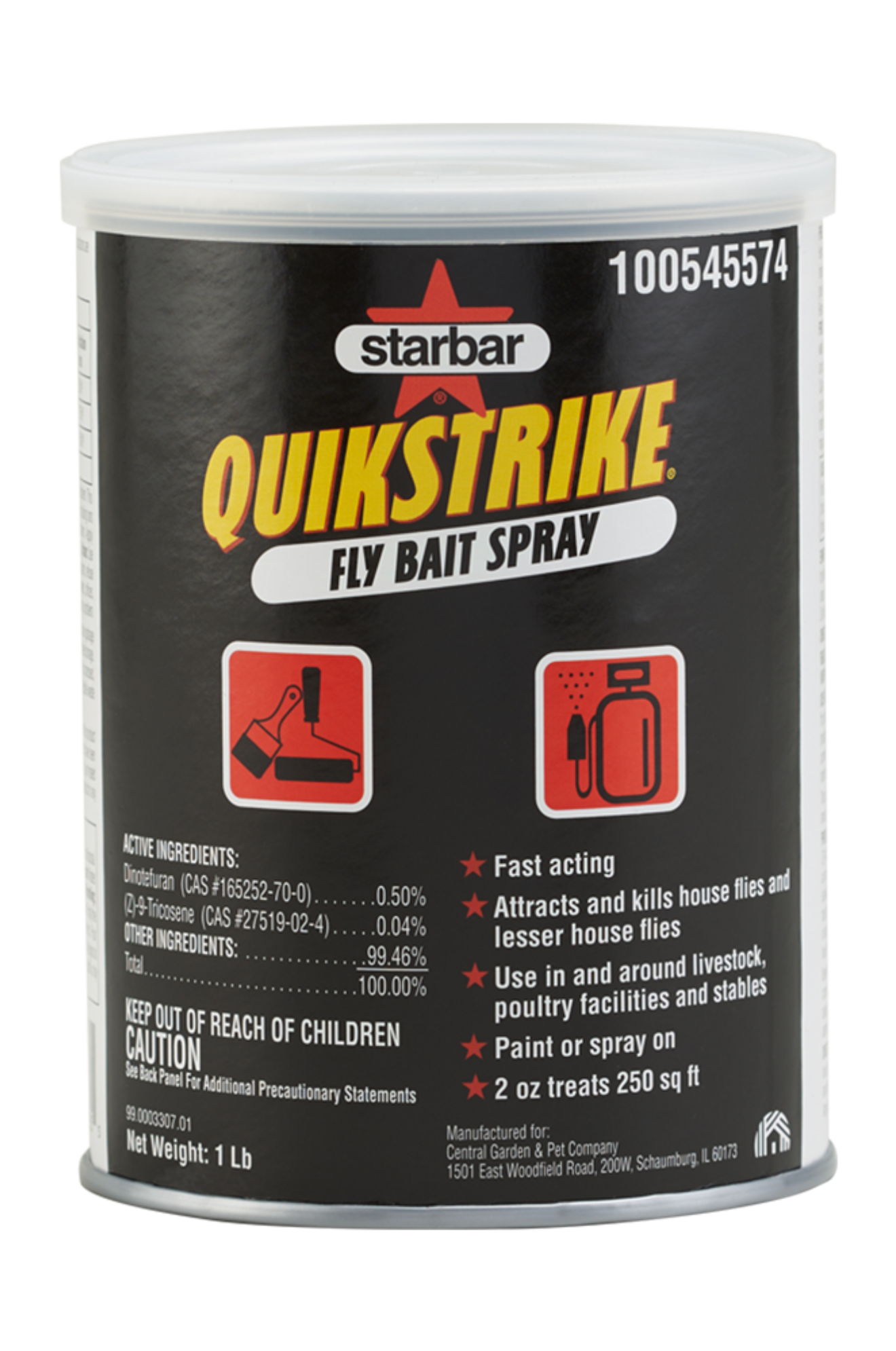 A can of Starbar Quickstrike Fly Bait Spray with product information and branding visible.