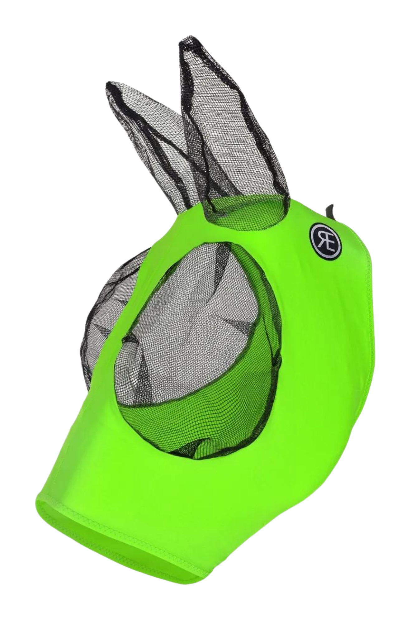 A bright green Reinsman Lycra Fly Mask for horses with black mesh covering over the ears and eyes, displayed against a white background.