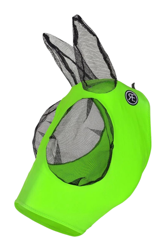 A bright green Reinsman Lycra Fly Mask for horses with black mesh covering over the ears and eyes, displayed against a white background.