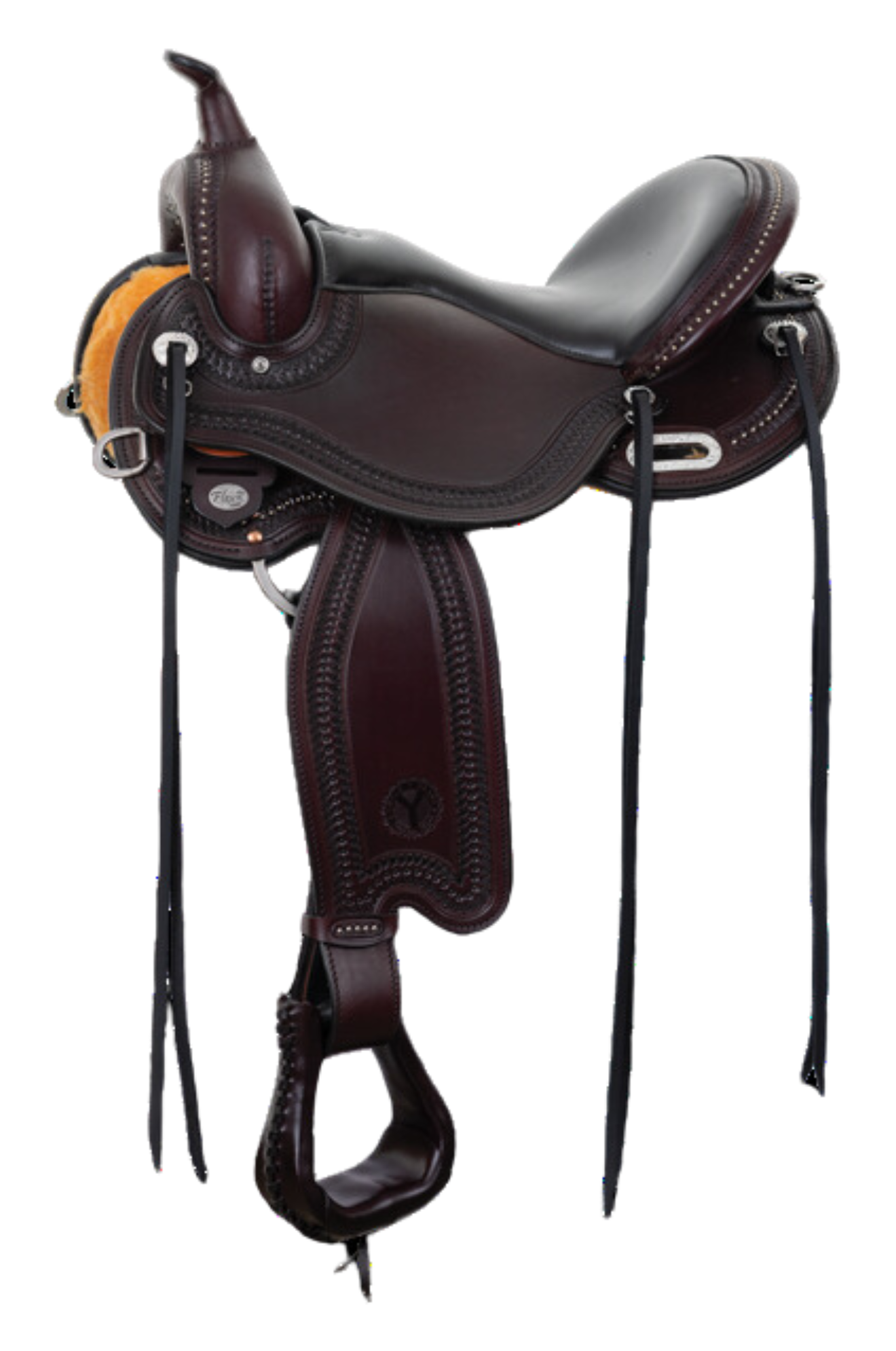 A brown and black Circle Y Snowy River Flex2 Trail Saddle with a double and spot border design.