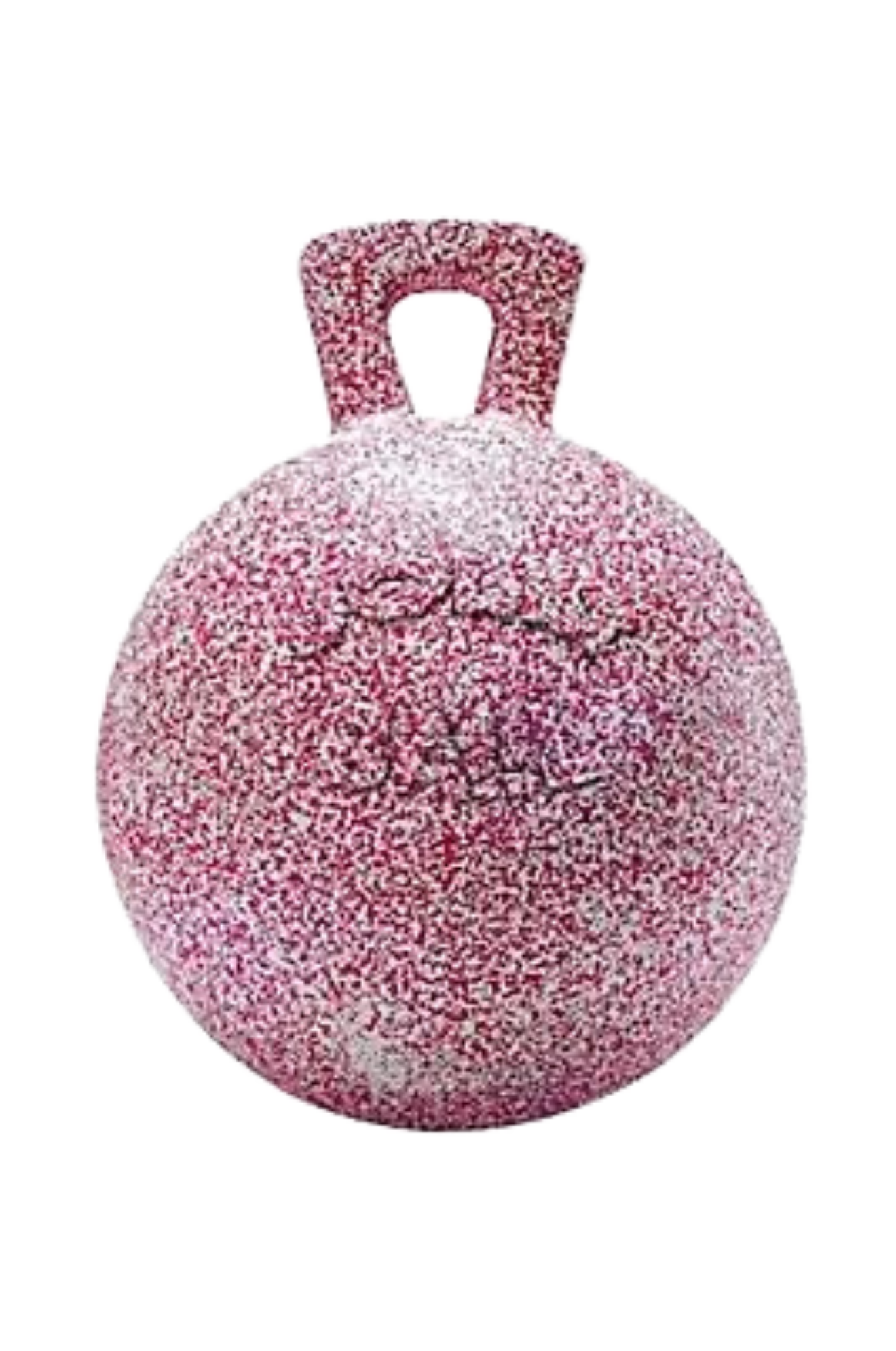 A pink and white Jolly Ball with a handle designed for horse play.