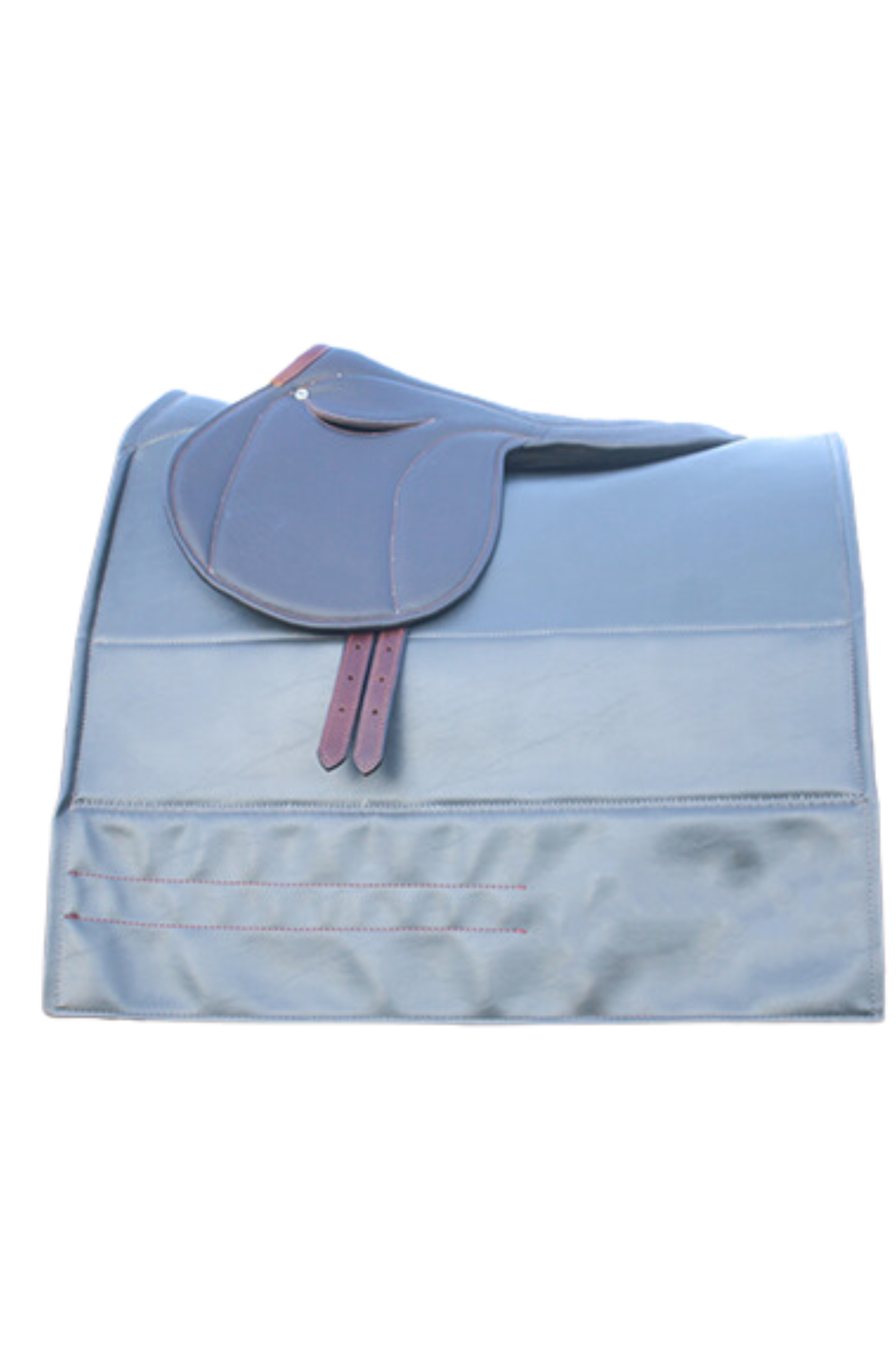 A gray custom embroidered saddle pad with pink embroidery on the sides.