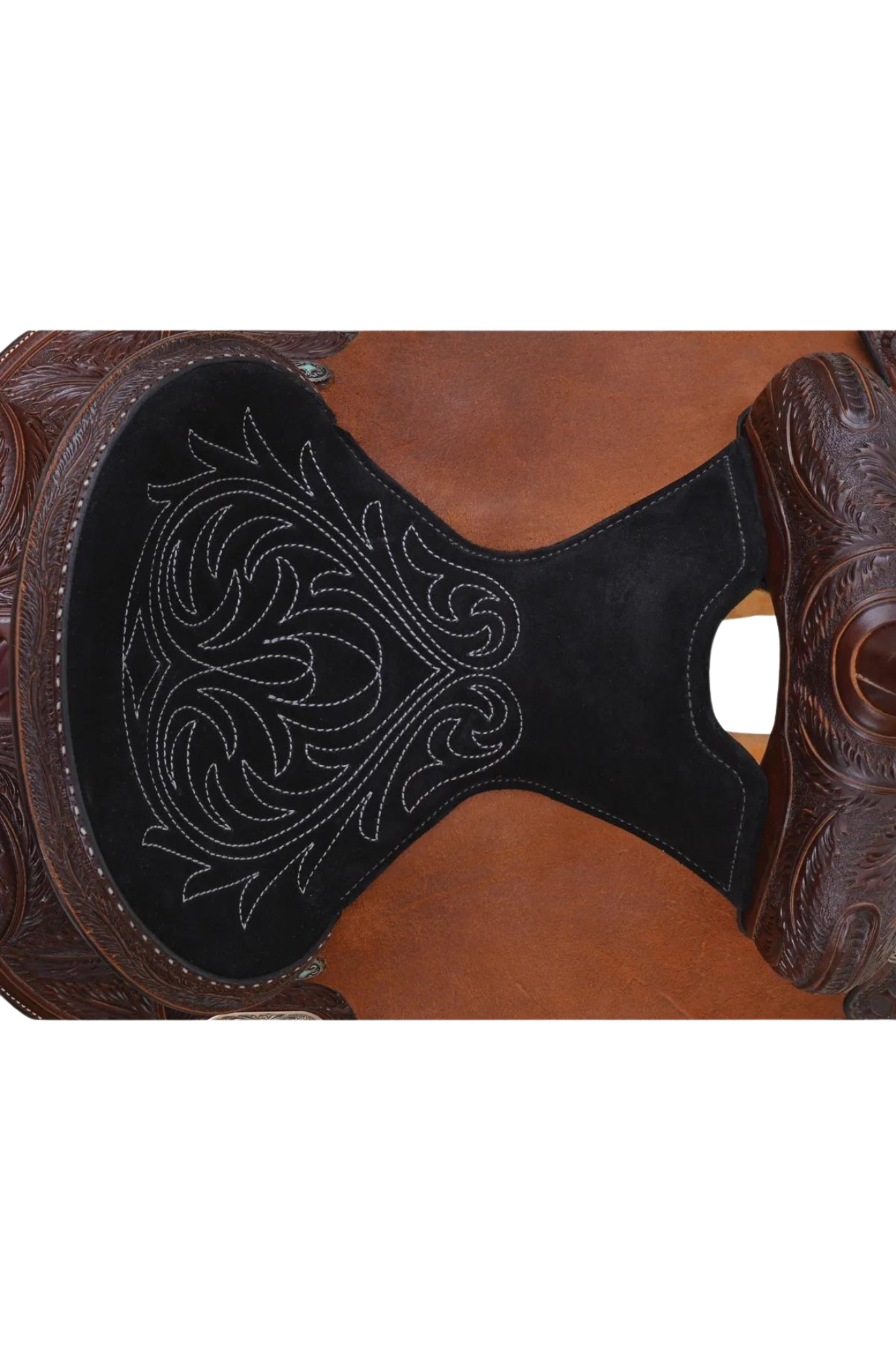A brown Circle Y Dakota Barrel saddle with tooling details and a short round skirt designed for comfort in tight turns.