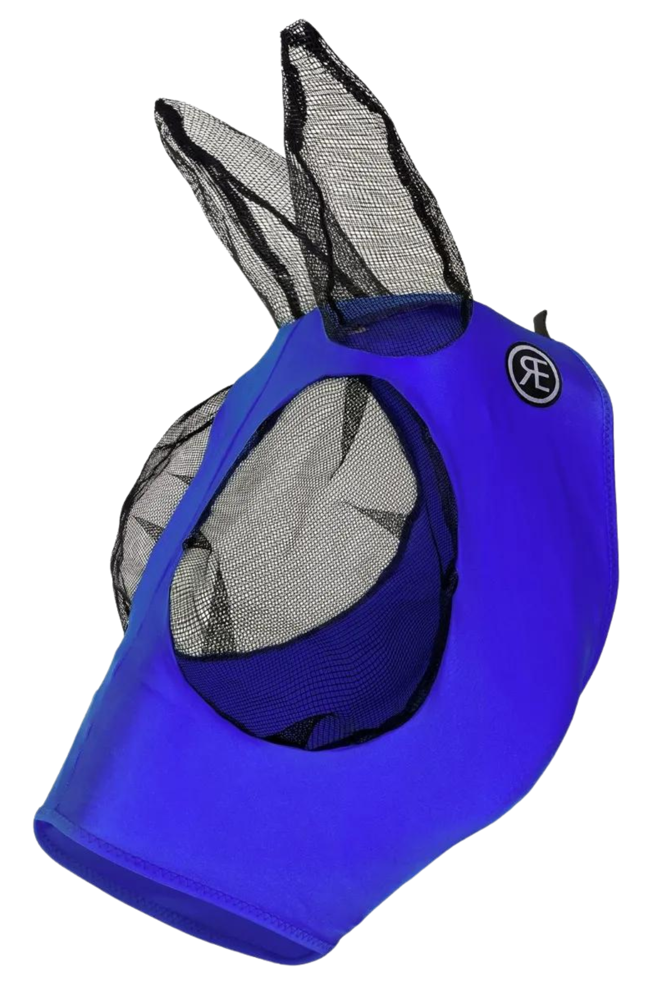 Reinsman Lycra Fly Mask for horses with black mesh covering over the ears and eyes, displayed against a white background.