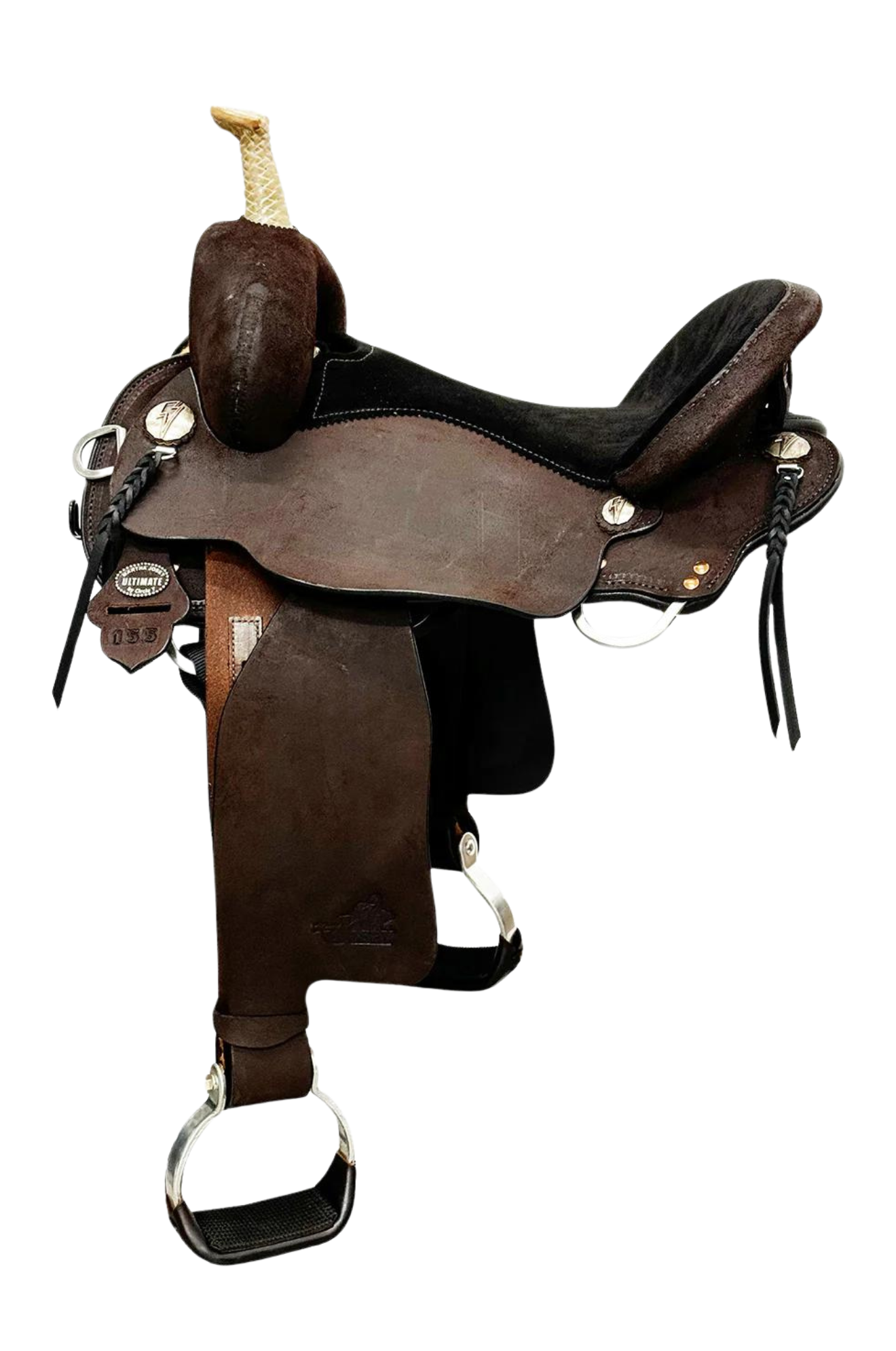 A brown leather saddle designed for horse racing, featuring ultra-short skirts and an all-leather design.