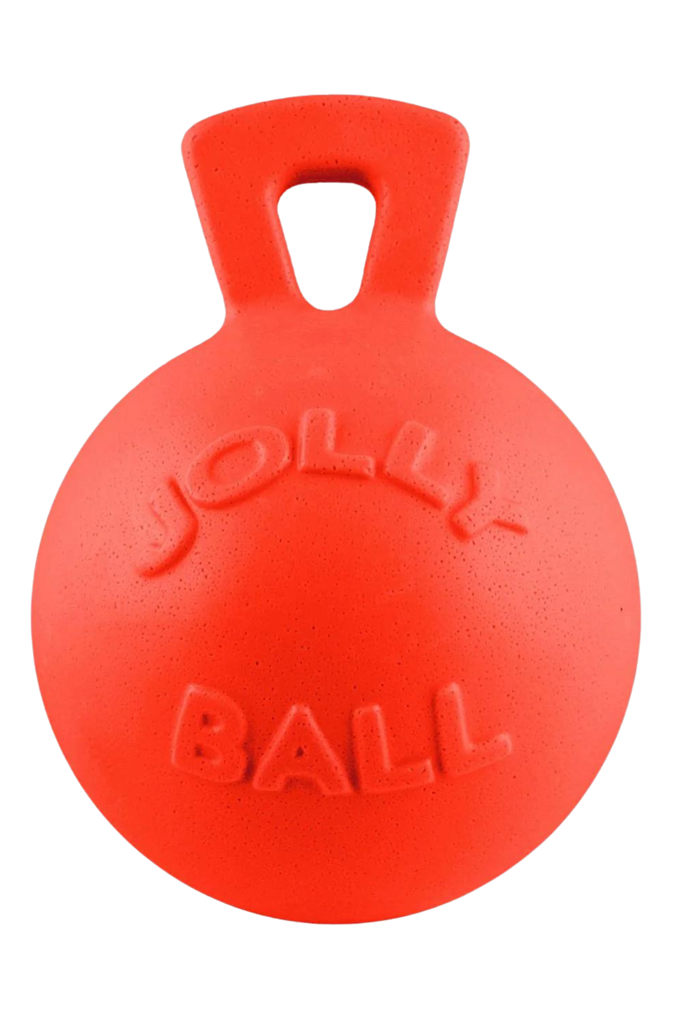 Dog toys designed to be thrown for retrieval, one red and one blue, with the text 'JOLLY BALL' embossed on them.