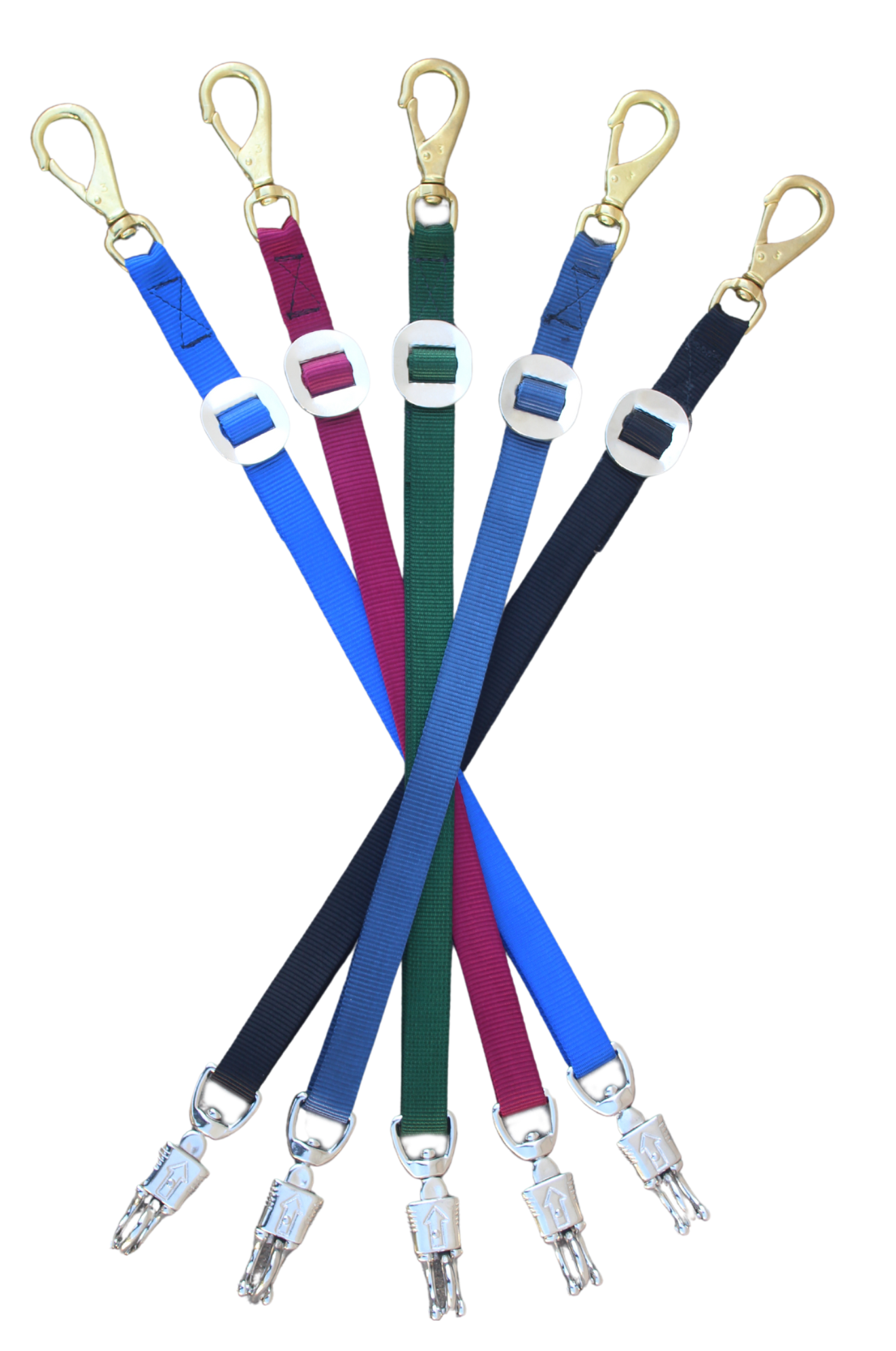 Nylon trailer ties with a bull snap on one end and a panic snap on the other.