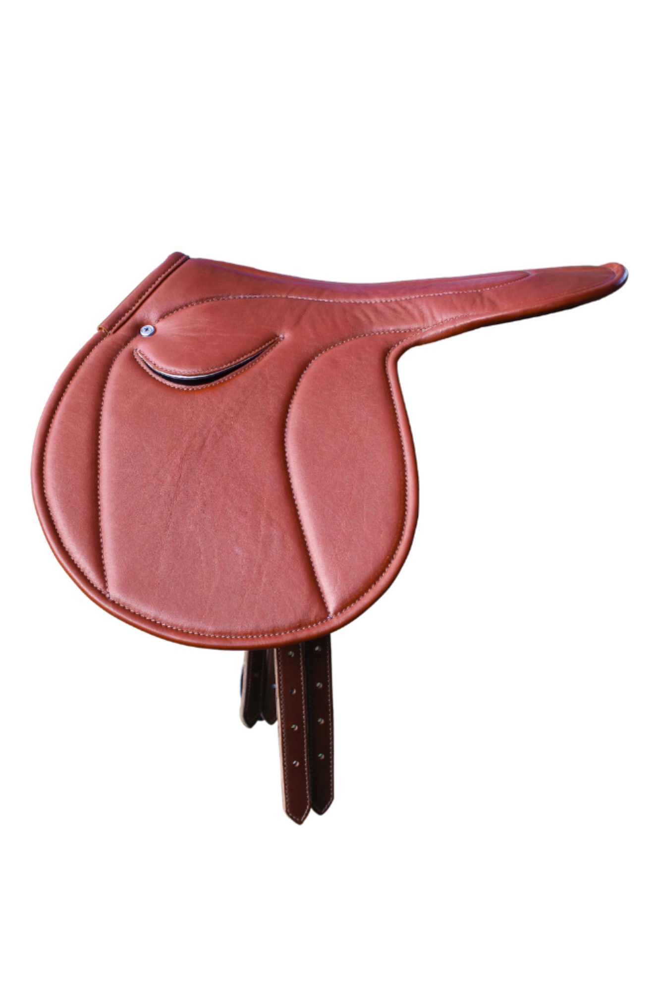 A brown leather exercise saddle with a lightweight aluminum tree, designed for thoroughbred horses.