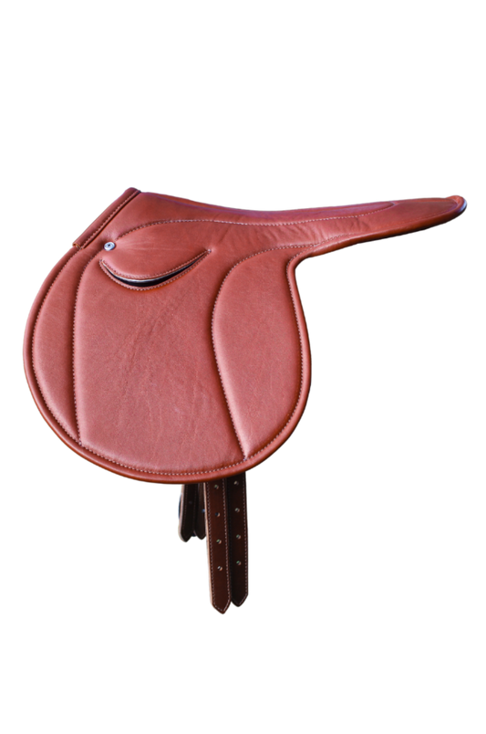 A brown leather exercise saddle with a lightweight aluminum tree, designed for thoroughbred horses.