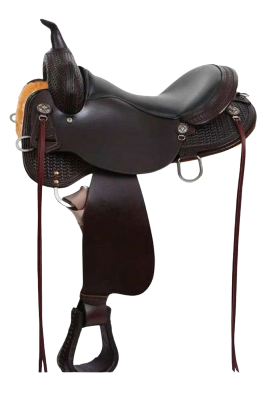 A black Circle Y Arrow Creek Trail saddle with a double-padded seat and pre-turned fenders.