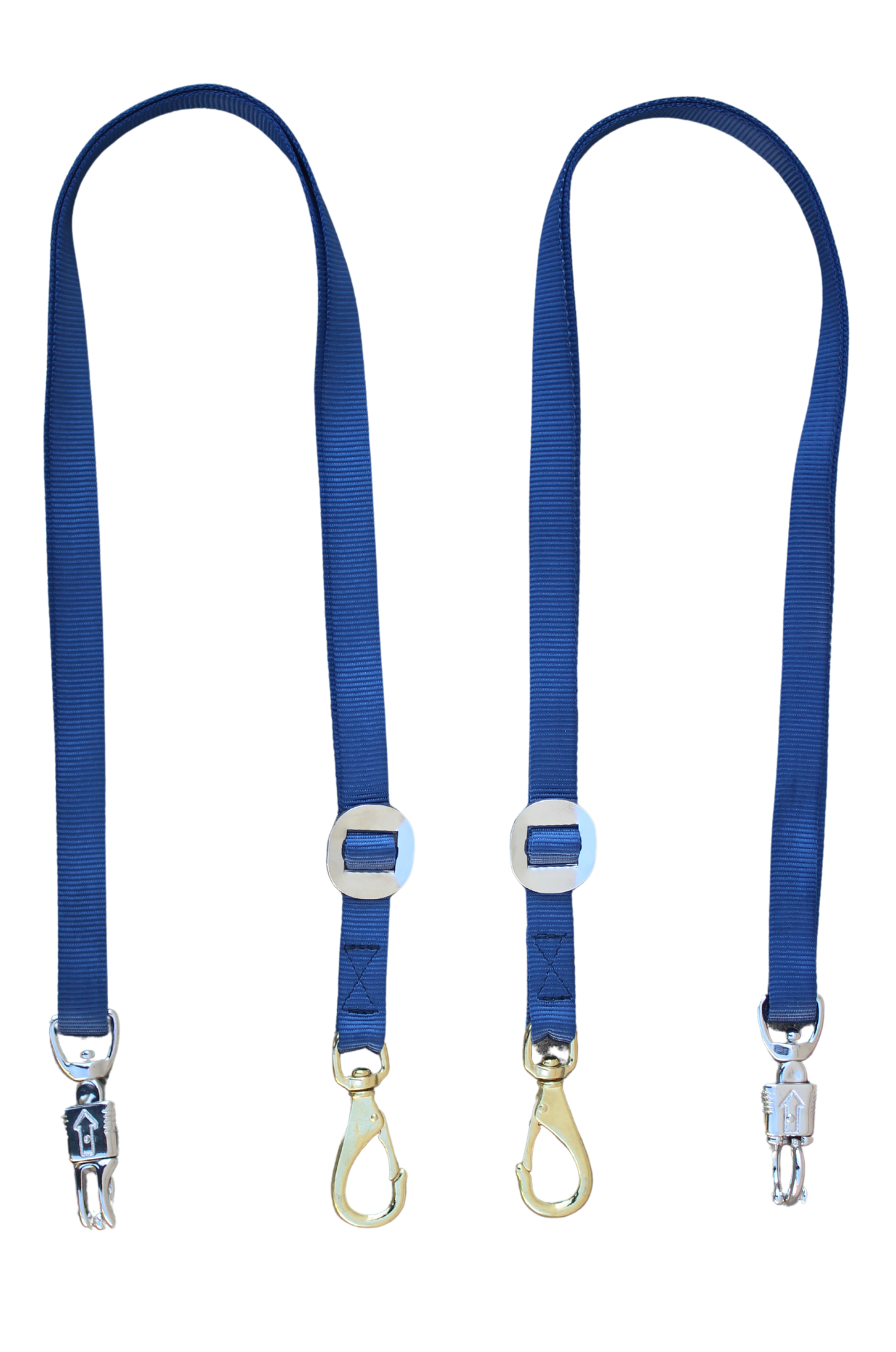A pair of royal blue nylon cross ties with metal clasps and buckles.