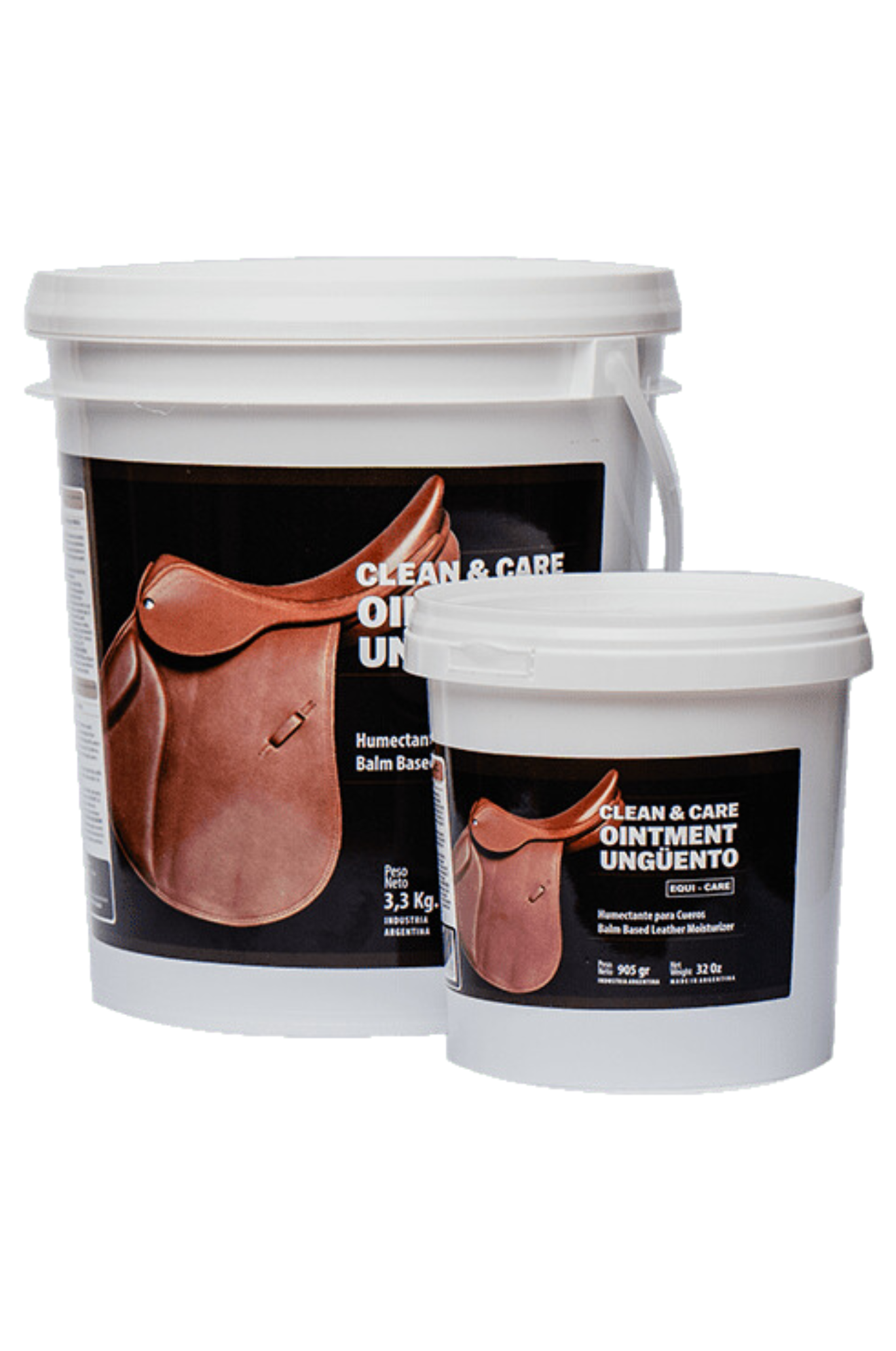 Two containers of EQUI Care Ointment, one large and one small, with labels depicting an image of a brown leather saddle.