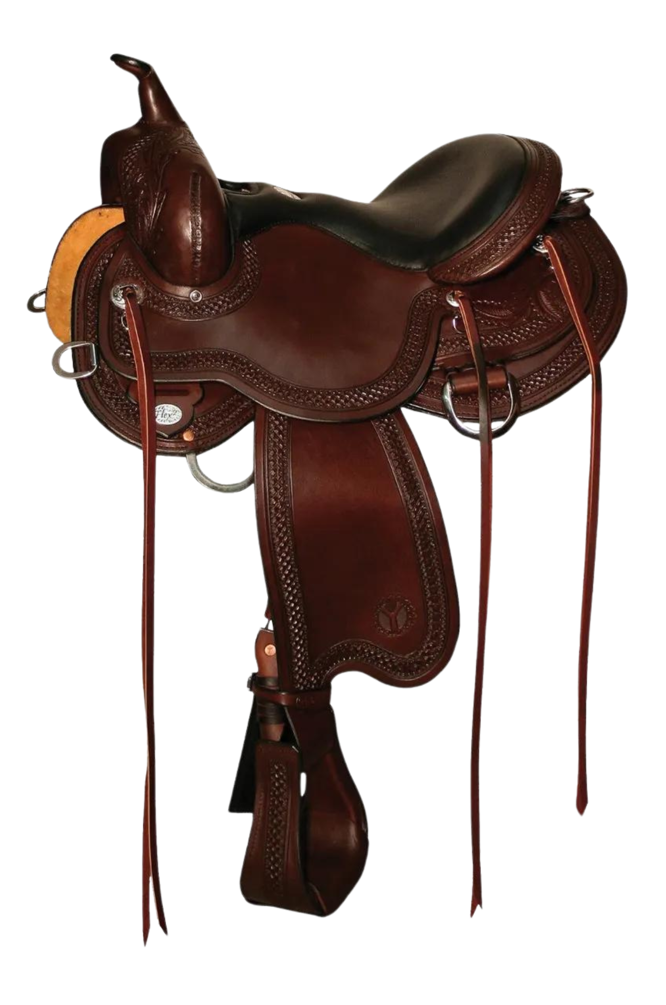 A brown leather western saddle with detailed tooling and a diamond pattern, designed for performance riding.