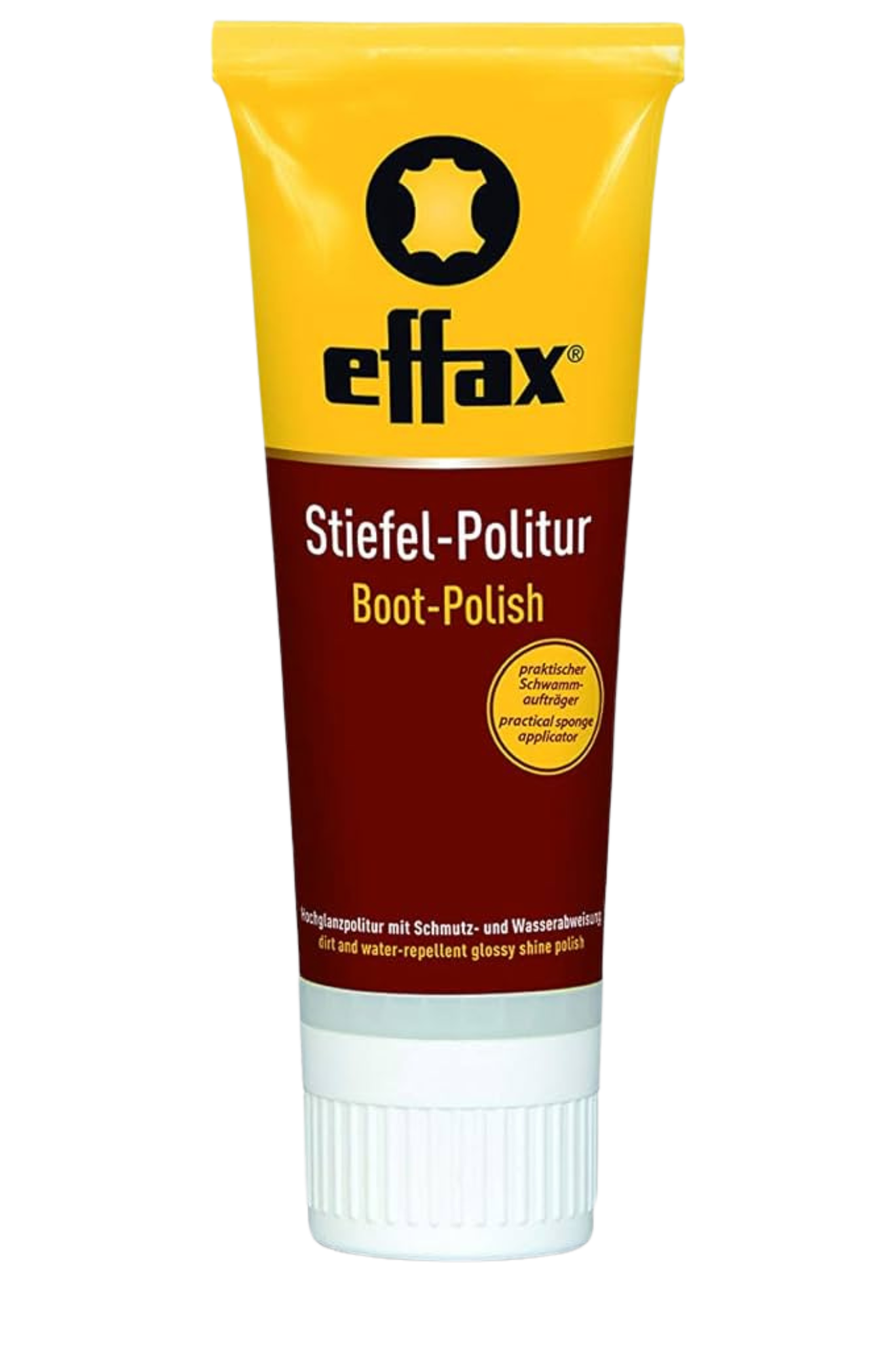 A tube of Effax Boot Polish with an integrated sponge, designed for cleaning and shining leather riding boots.