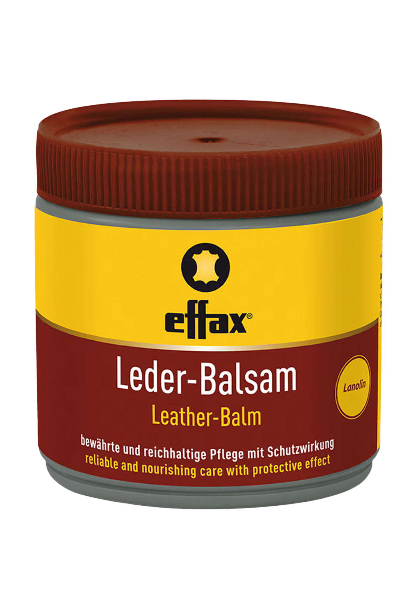 A jar of Effax Leather Balsam with a red lid and yellow label, indicating it is a leather care product.
