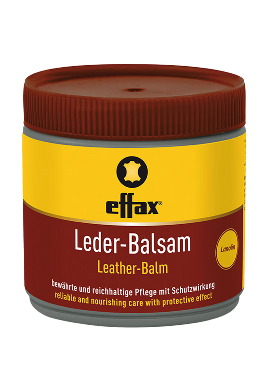 A jar of Effax Leather Balsam with a red lid and yellow label, indicating it is a leather care product.