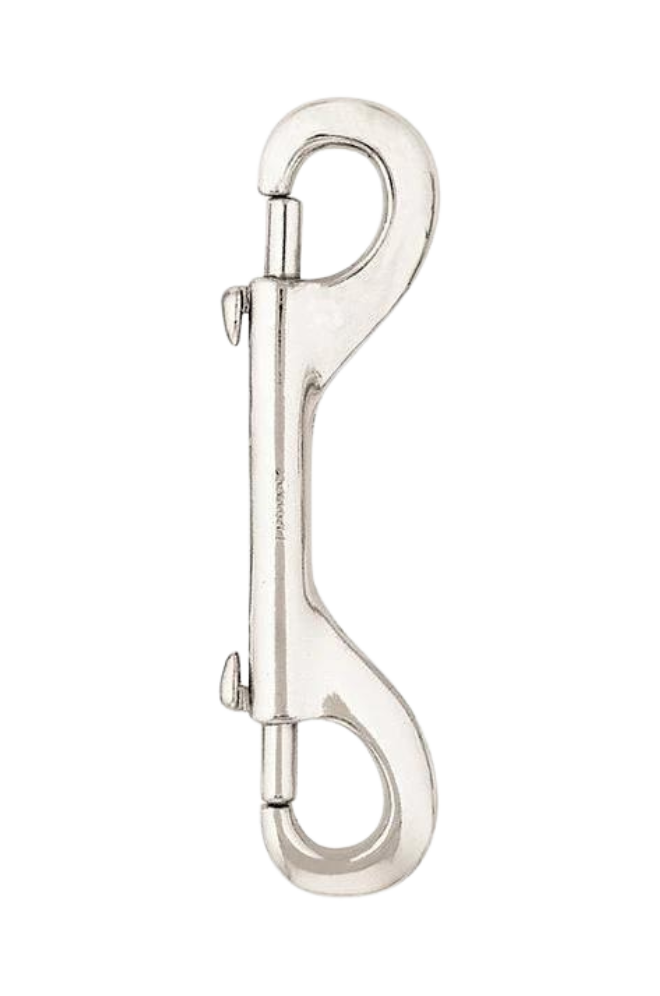A nickel-plated double-ended snap hook.