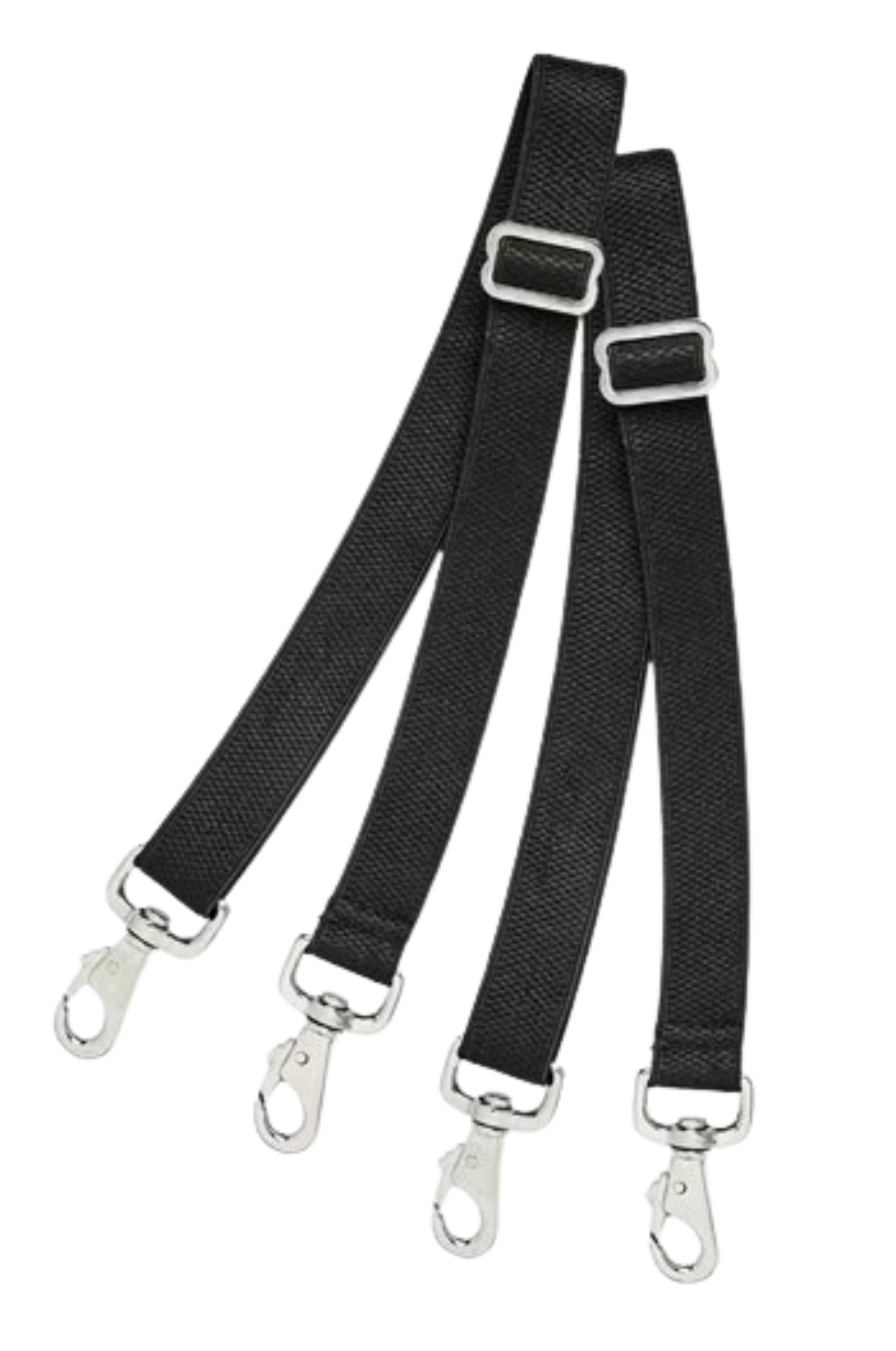 A pair of black elastic blanket leg straps with metal snaps on each end