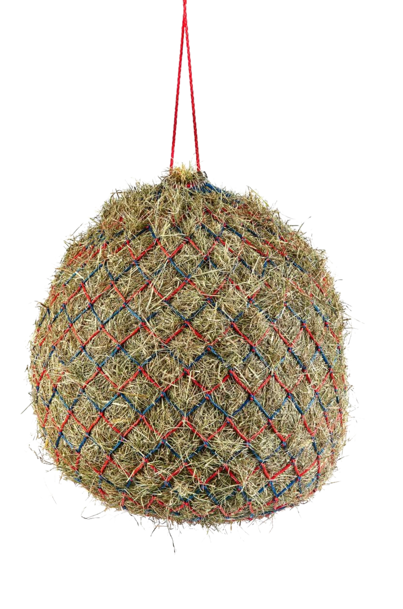A deluxe hay net with metal rings, hanging, and made of a textile material with a checkered pattern.