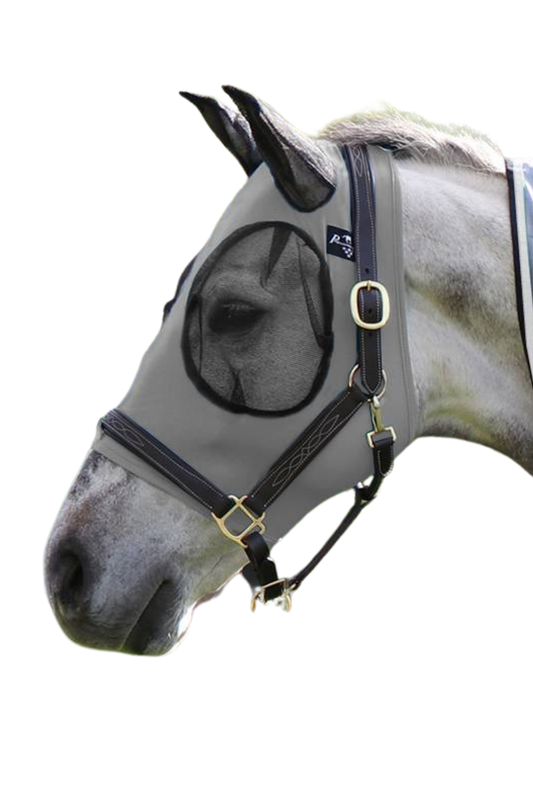 A gray horse wearing a fly mask with a comfort-fit design, featuring smooth lycra fabric, mesh around the eyes and ears, and a forelock opening.
