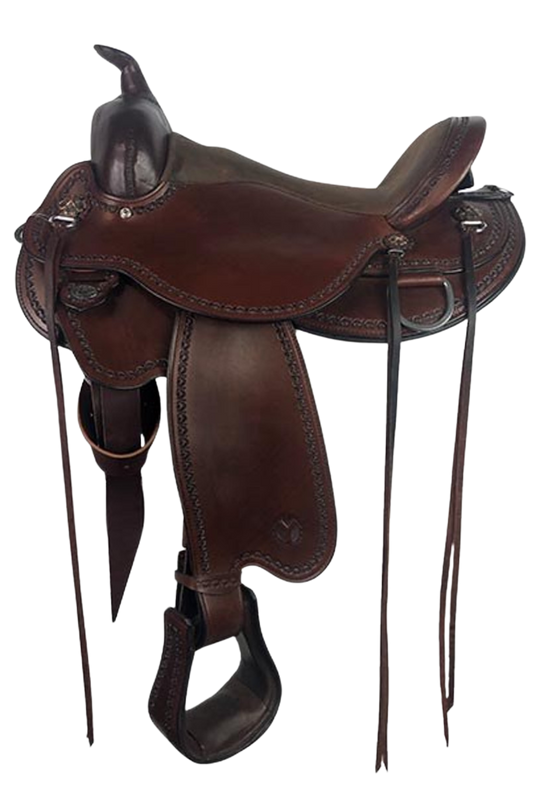 A brown leather gaited trail saddle with stainless steel hardware and a padded seat, designed for comfort in trail riding.