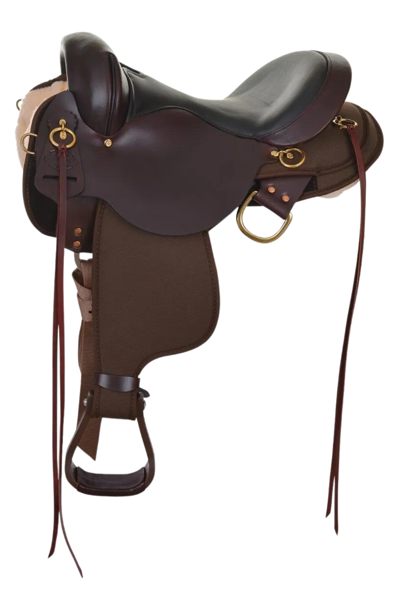 A brown Circle Y Highbank Cordura Trail saddle with brass hardware and no horn, designed for endurance riding.