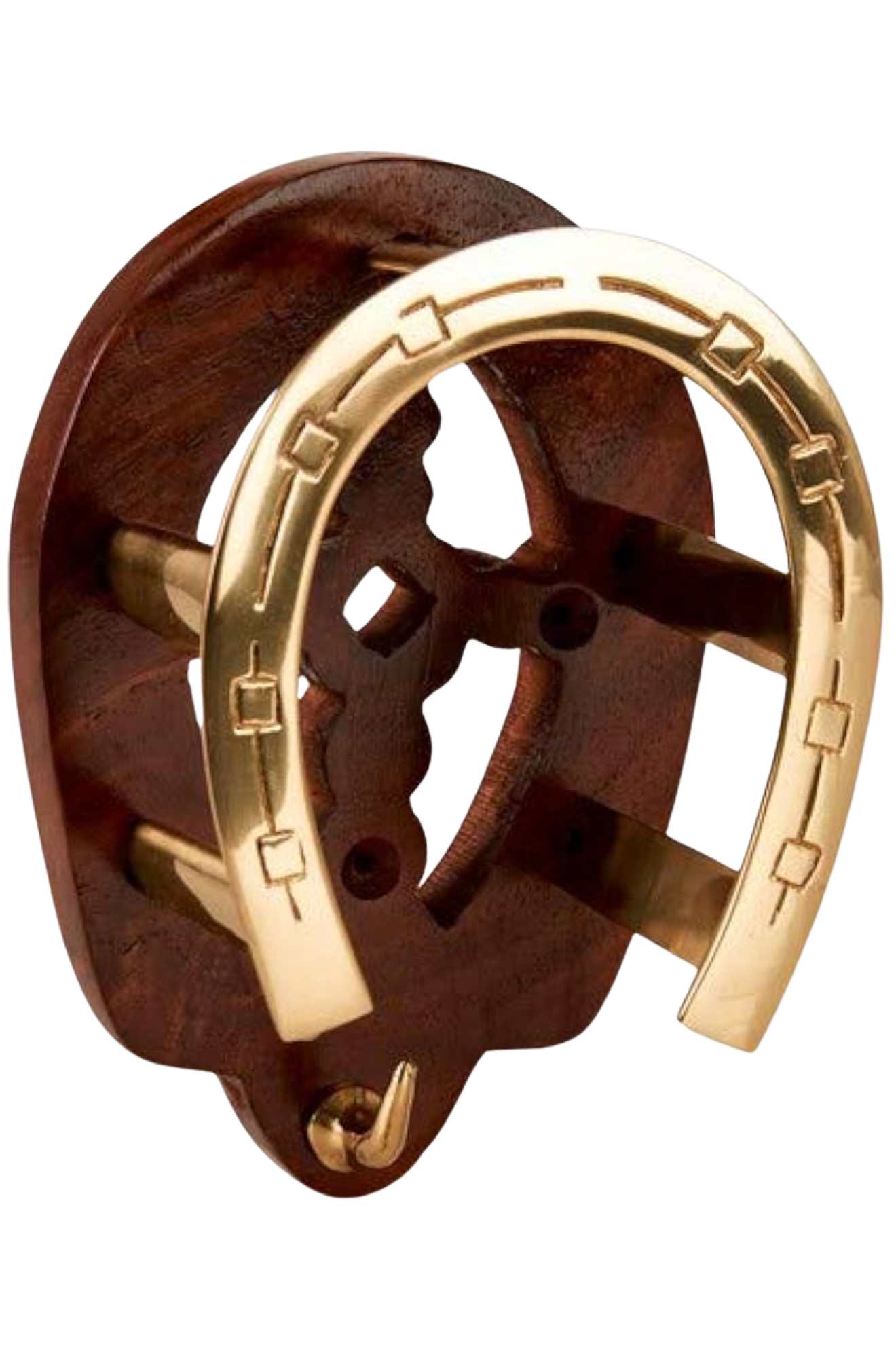 A golden horse shoe with a bridle bracket attached to it, displayed against a white background.