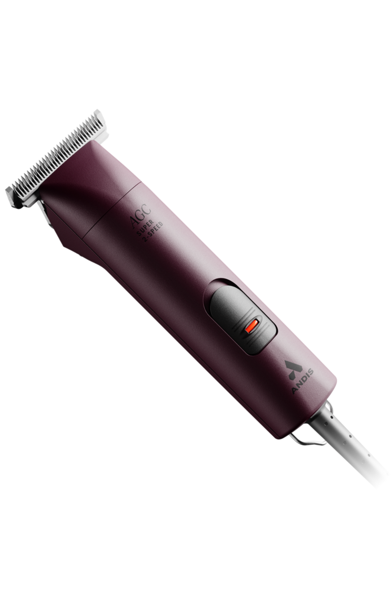 A set of ANDIS clippers in red color with a blade attached and a power cord, designed for animal grooming.