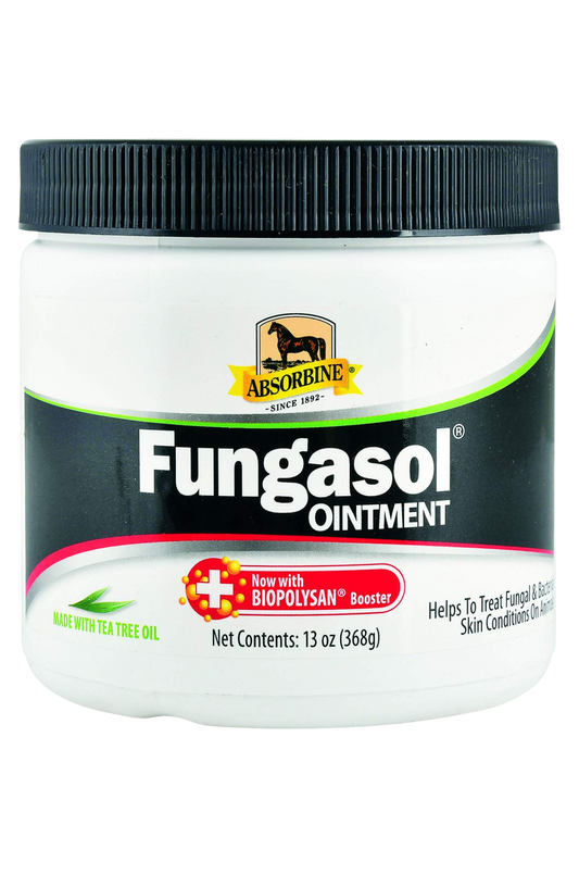A container of ABSORBINE FUNGASOL OINTMENT designed for treating equine skin conditions.