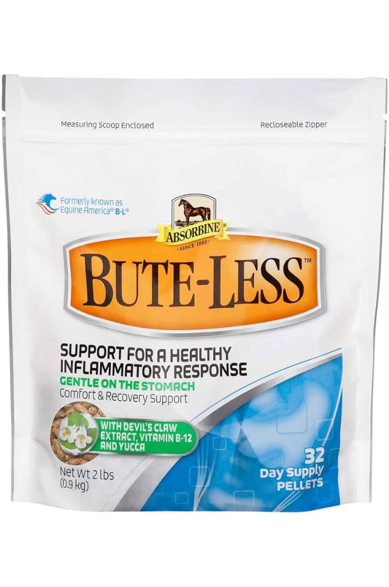 A package of ABSORBINE BUTE-LESS PELLETS for horses, with information indicating a 32-day supply.