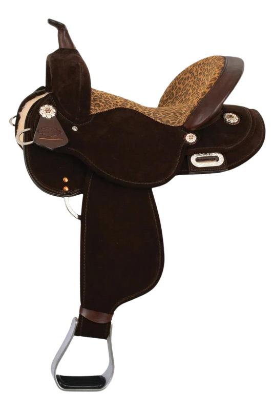 A brown High Horse Galaxy Barrel saddle with a crystal mosaic design and no tooling degree.