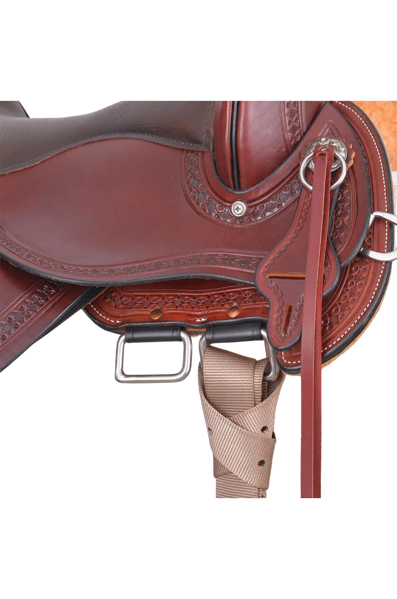 A red leather Circle Y Buffalo Gap Trail saddle with a fiberglass reinforced tree and a double buckle rigging system.