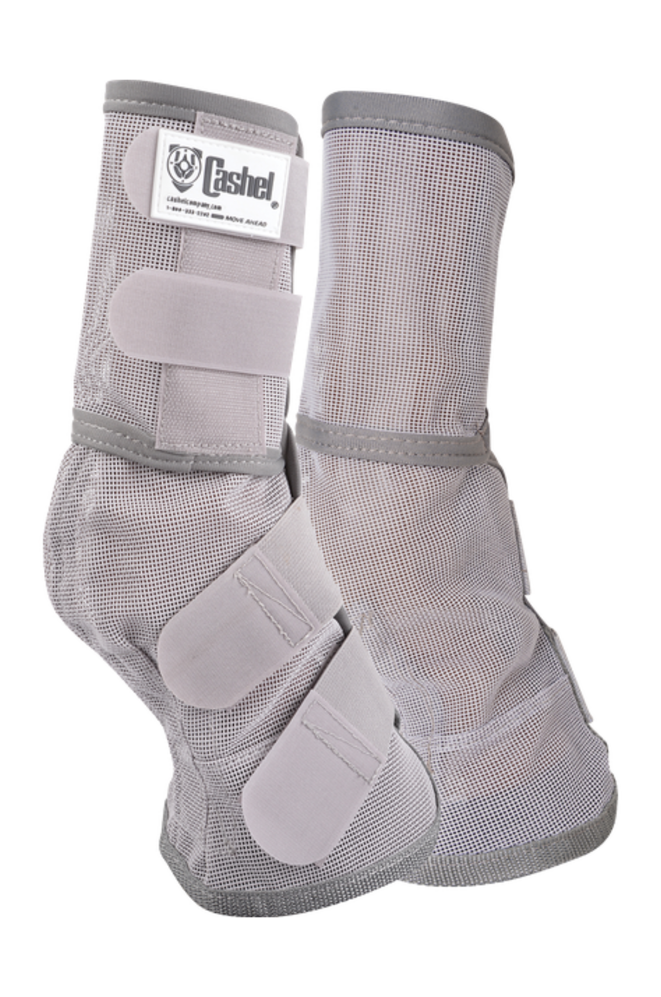 A pair of gray leg guards for horses with adjustable hook-and-loop fasteners.