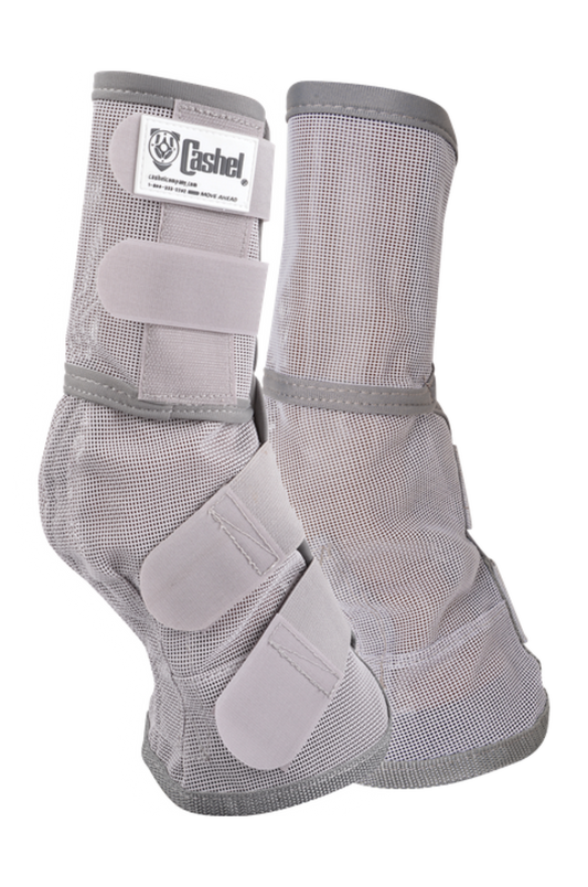 A pair of gray leg guards for horses with adjustable hook-and-loop fasteners.