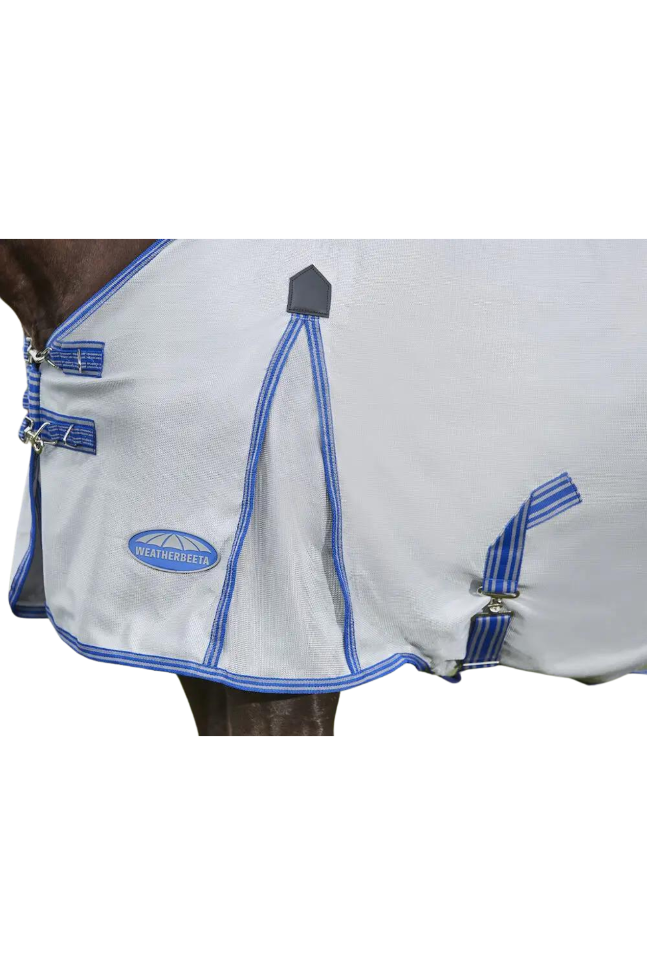 A horse wearing a gray WeatherBeeta ComFiTec Airflow II Detach A Neck mesh sheet designed for summer protection.