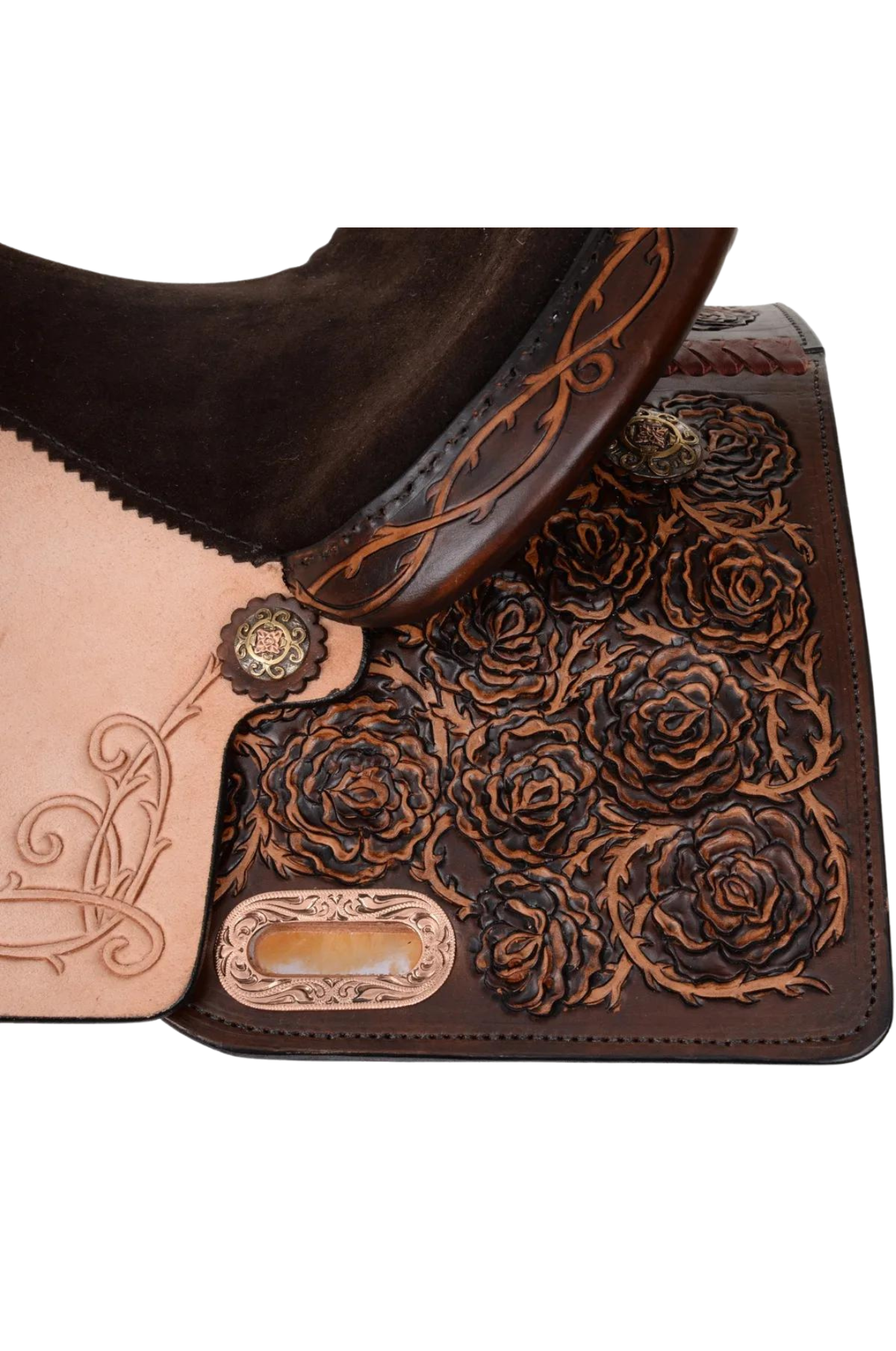 A Circle Y Veranda barrel saddle featuring a chocolate brown and beige color scheme with detailed floral patterns on the saddle blanket and stirrups.