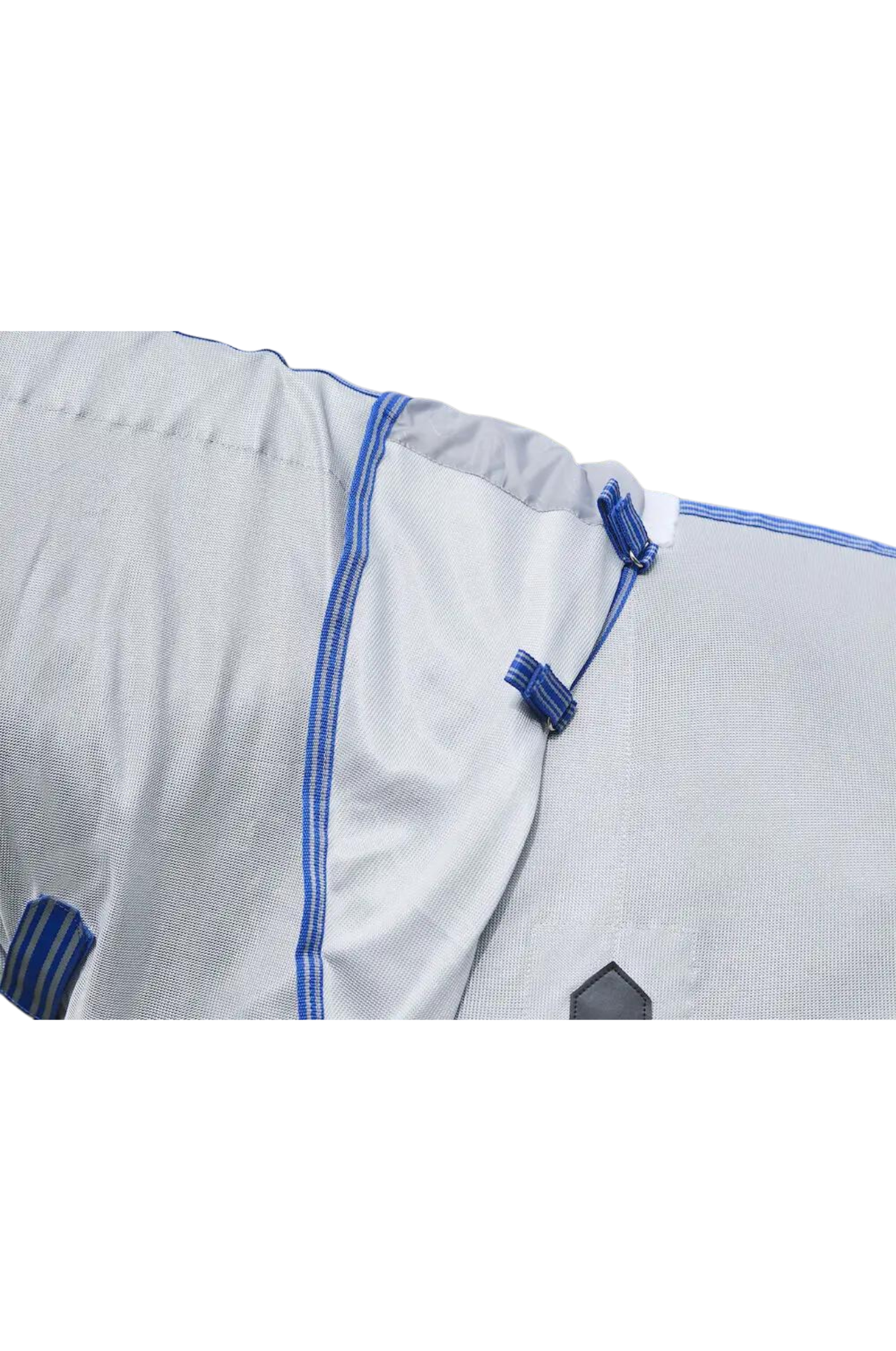 A horse wearing a gray WeatherBeeta ComFiTec Airflow II Detach A Neck mesh sheet designed for summer protection.