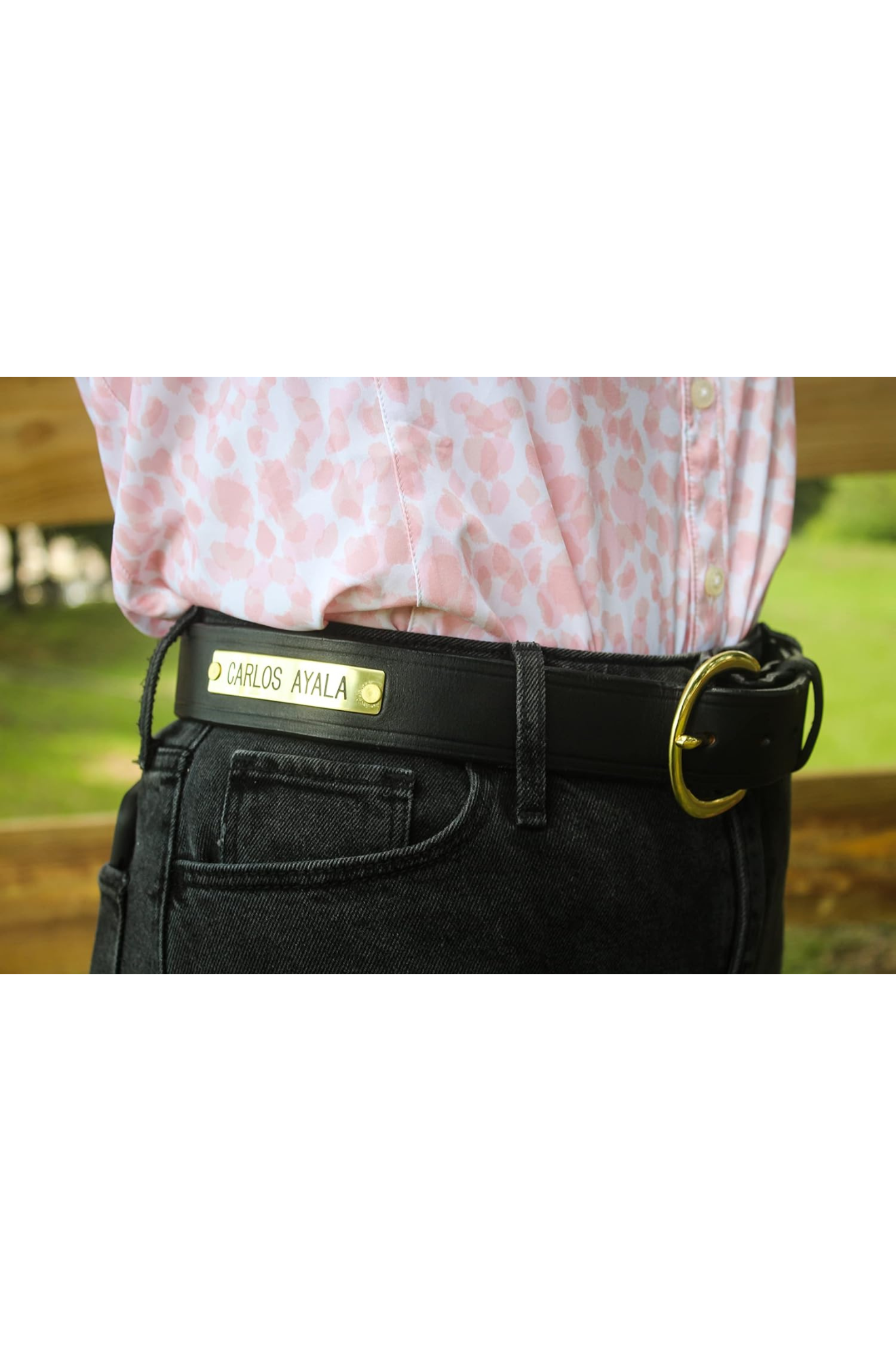 custom engraved belt in brown or black with engraving and brass or brown hardware