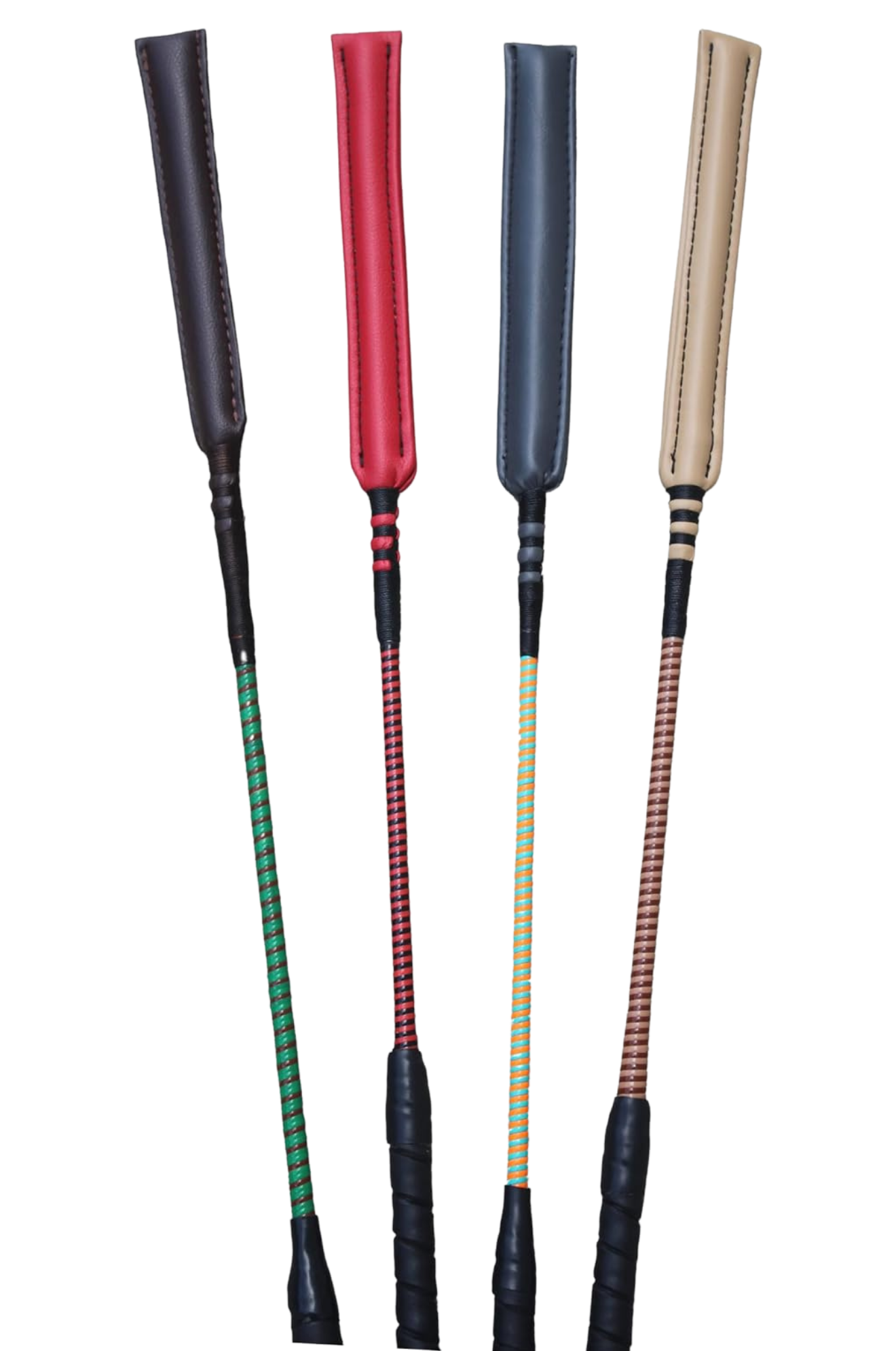 A collection of custom handmade soft crop whips with various handle colors and poppers.