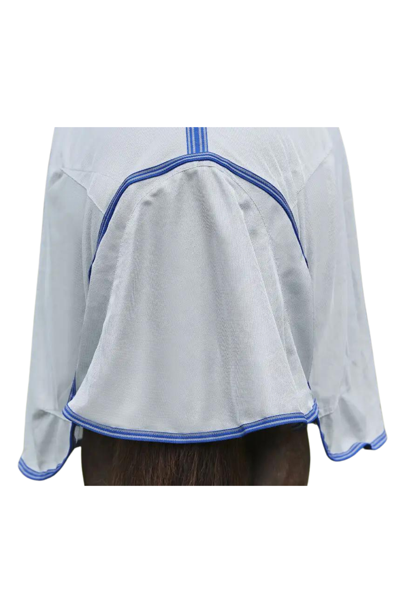 A horse wearing a gray WeatherBeeta ComFiTec Airflow II Detach A Neck mesh sheet designed for summer protection.
