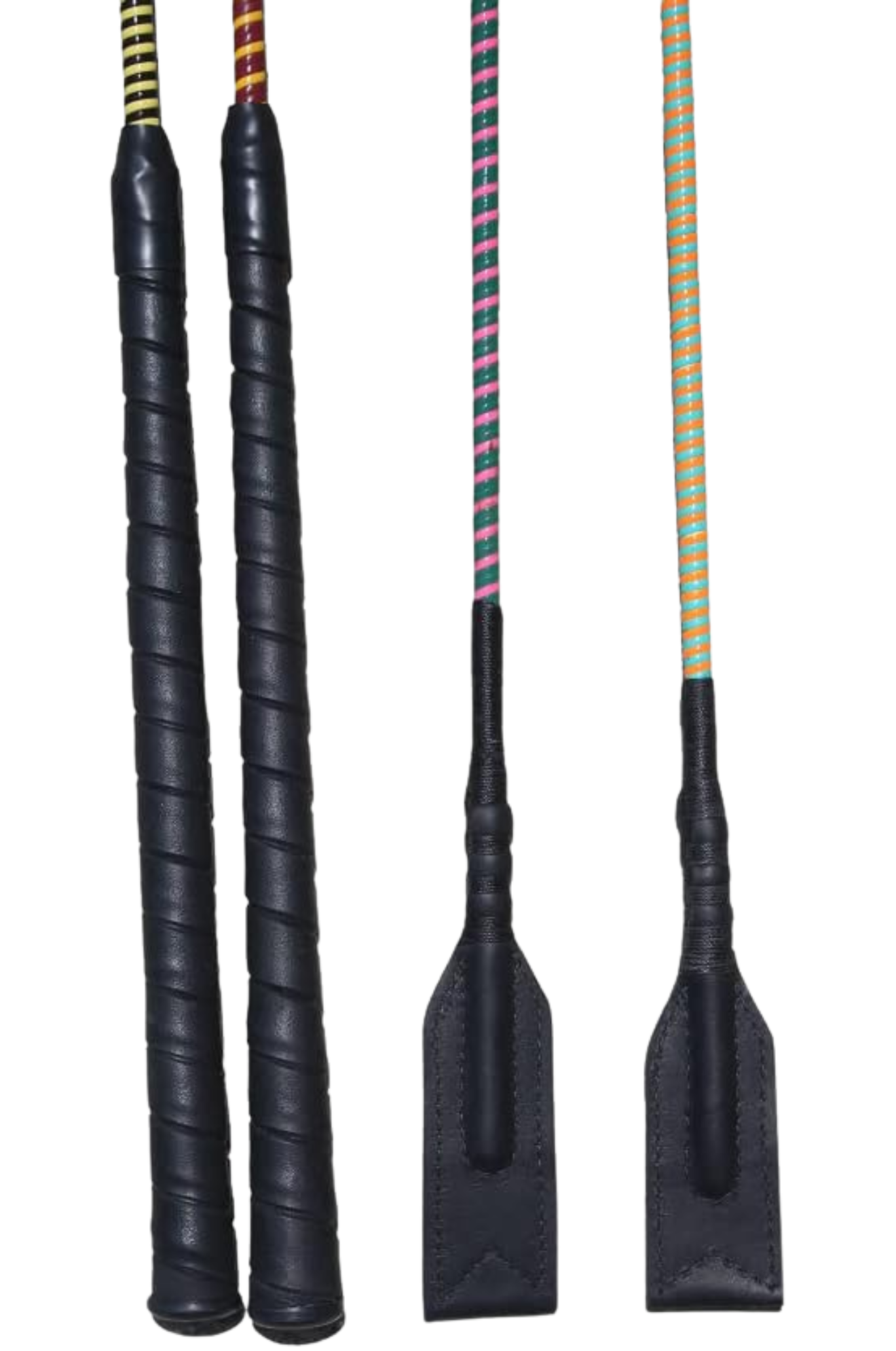 A collection of custom handmade soft crop whips with various handle colors and poppers.