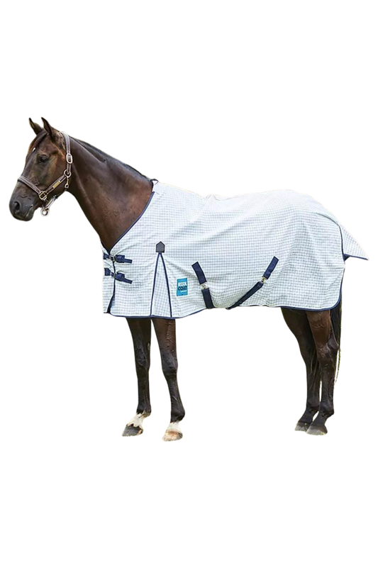 A horse wearing a white and blue striped weather protection sheet with surcingles and adjustable leg straps.