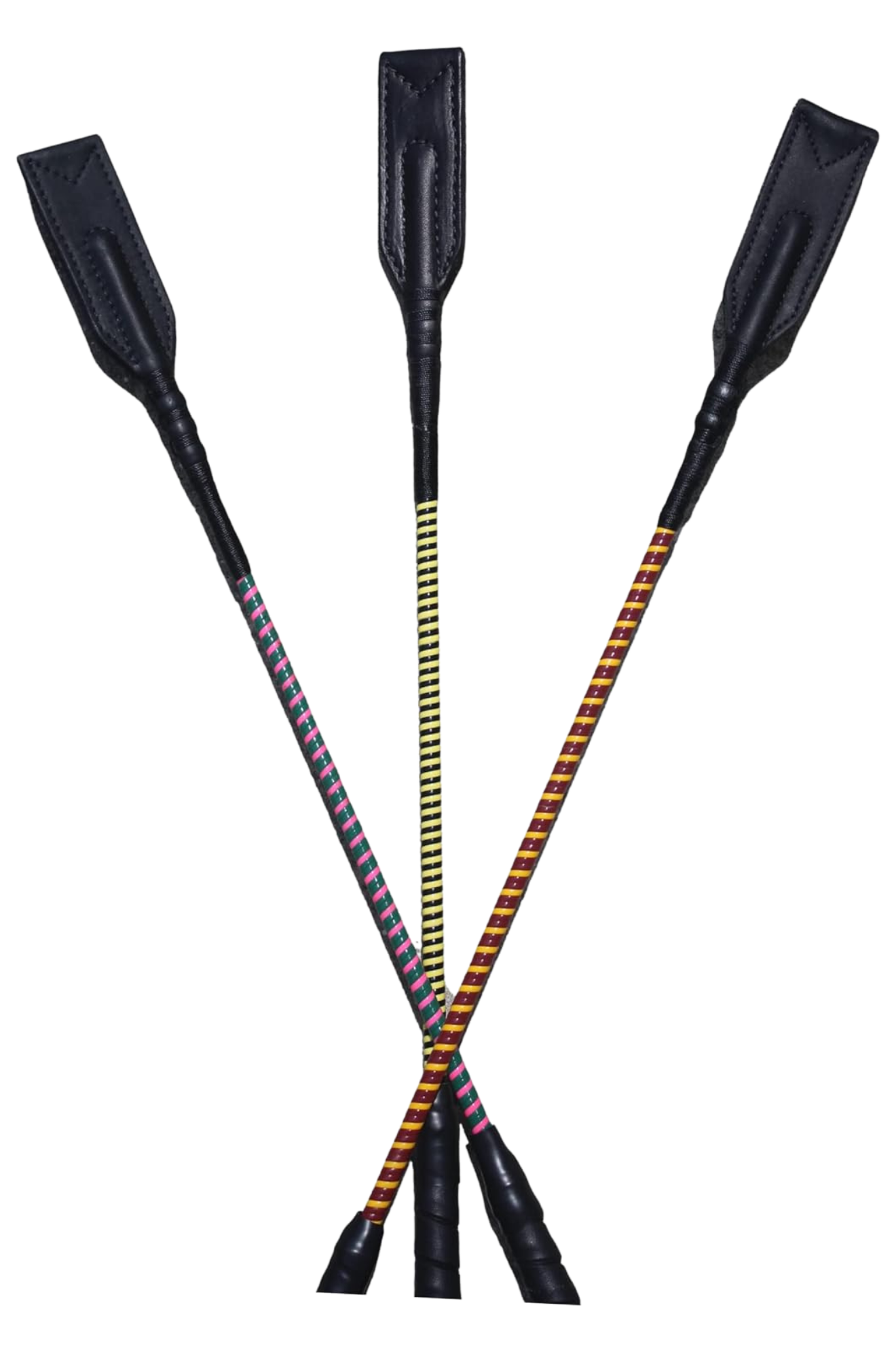 A collection of custom handmade soft crop whips with various handle colors and poppers.