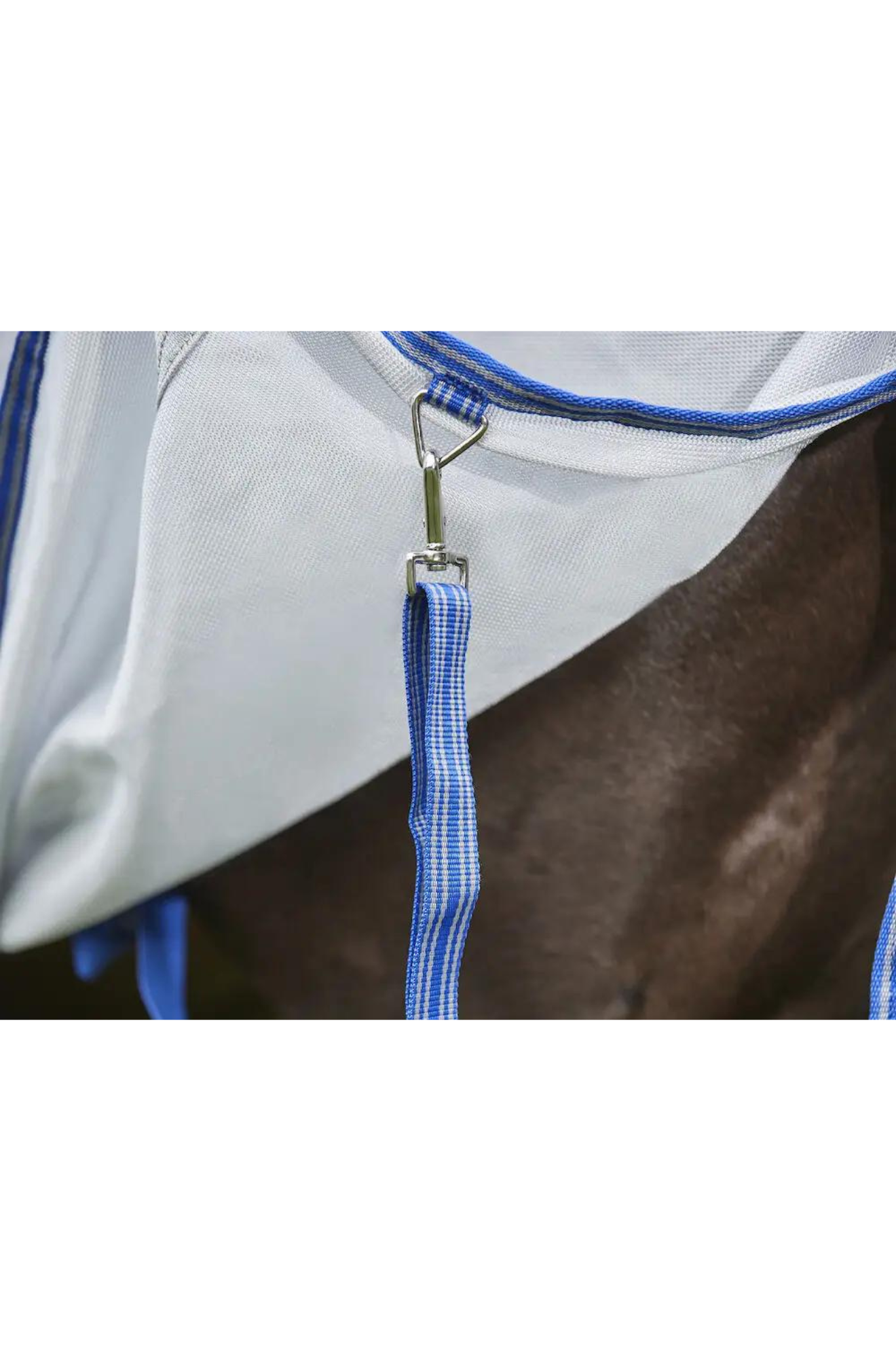 A horse wearing a gray WeatherBeeta ComFiTec Airflow II Detach A Neck mesh sheet designed for summer protection.