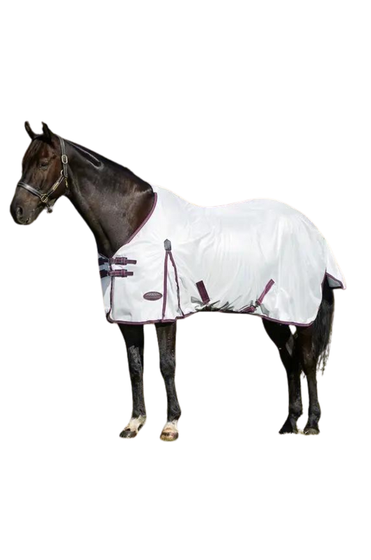 A horse wearing a white mesh sheet with red and grey trim, designed for fly protection and breathability with features such as adjustable leg straps and a large tail flap.